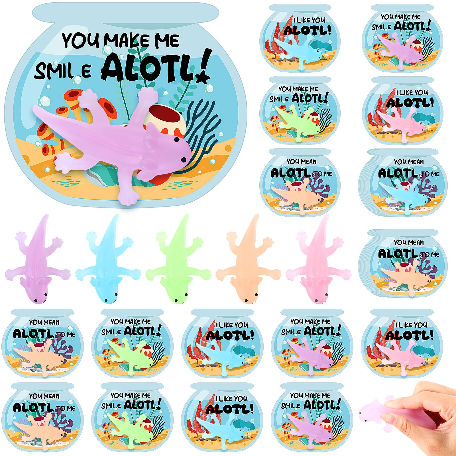 Spakon 30 Set Axolotl Valentines Day Gifts Axolotl Party Favor Axolotl Sensory Fidget Toys with Axolotl Cards Axolotl Birthday Party Supplies for Stress Relief Amphibian Themed Game Prizes