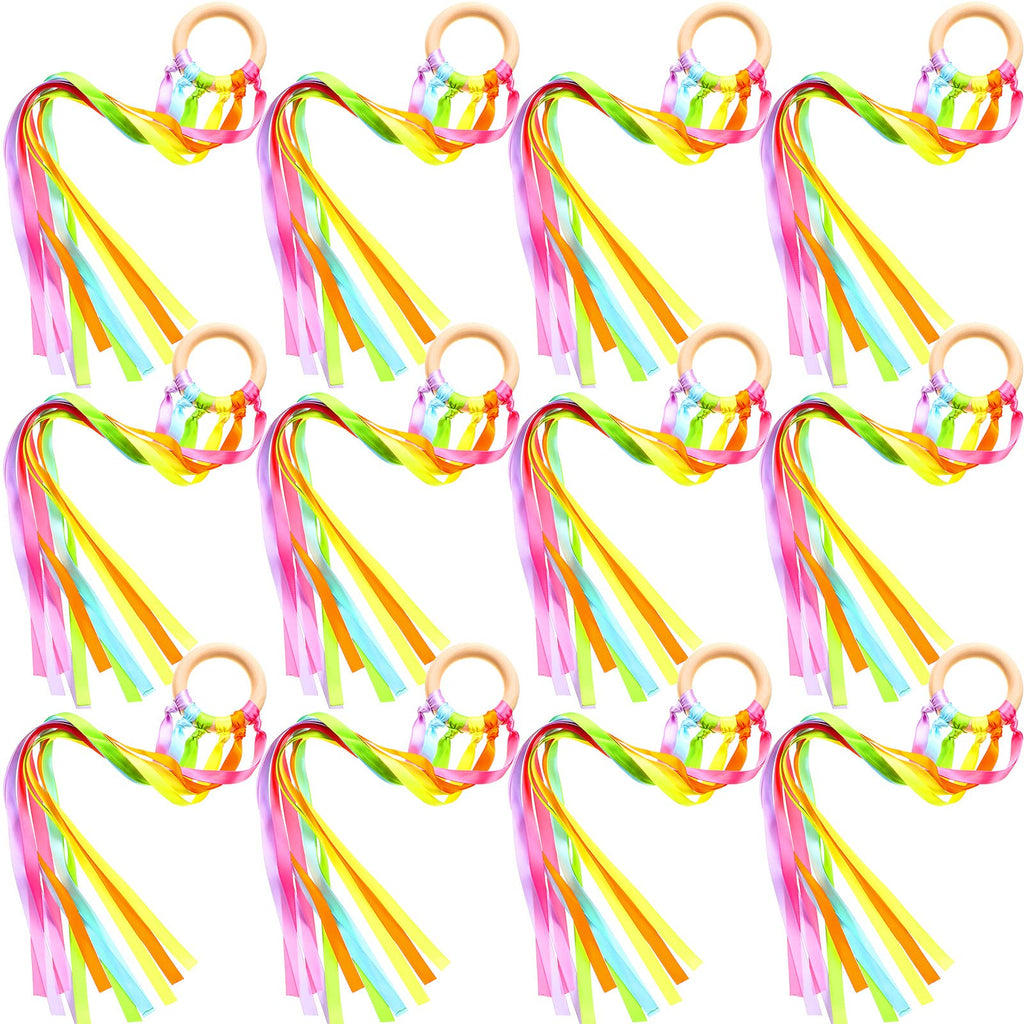 12 Pcs Rainbow Ribbon Wooden Waldorf Toys Creative Waldorf Hand Kite Set Streamers with Wood Ring Sensory Learning Educational Toy for Playroom Dancing Birthday (Fresh)