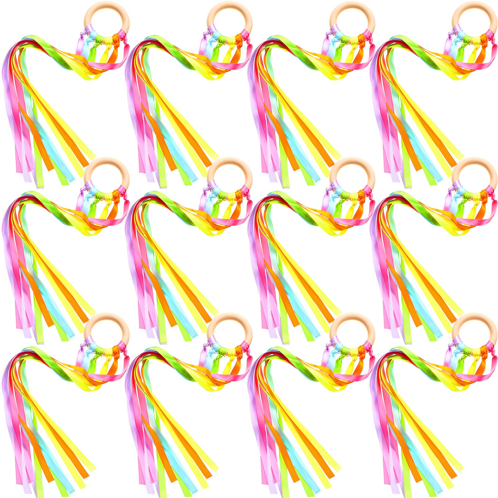 12 Pcs Rainbow Ribbon Wooden Waldorf Toys Creative Waldorf Hand Kite Set Streamers with Wood Ring Sensory Learning Educational Toy for Playroom Dancing Birthday (Fresh)