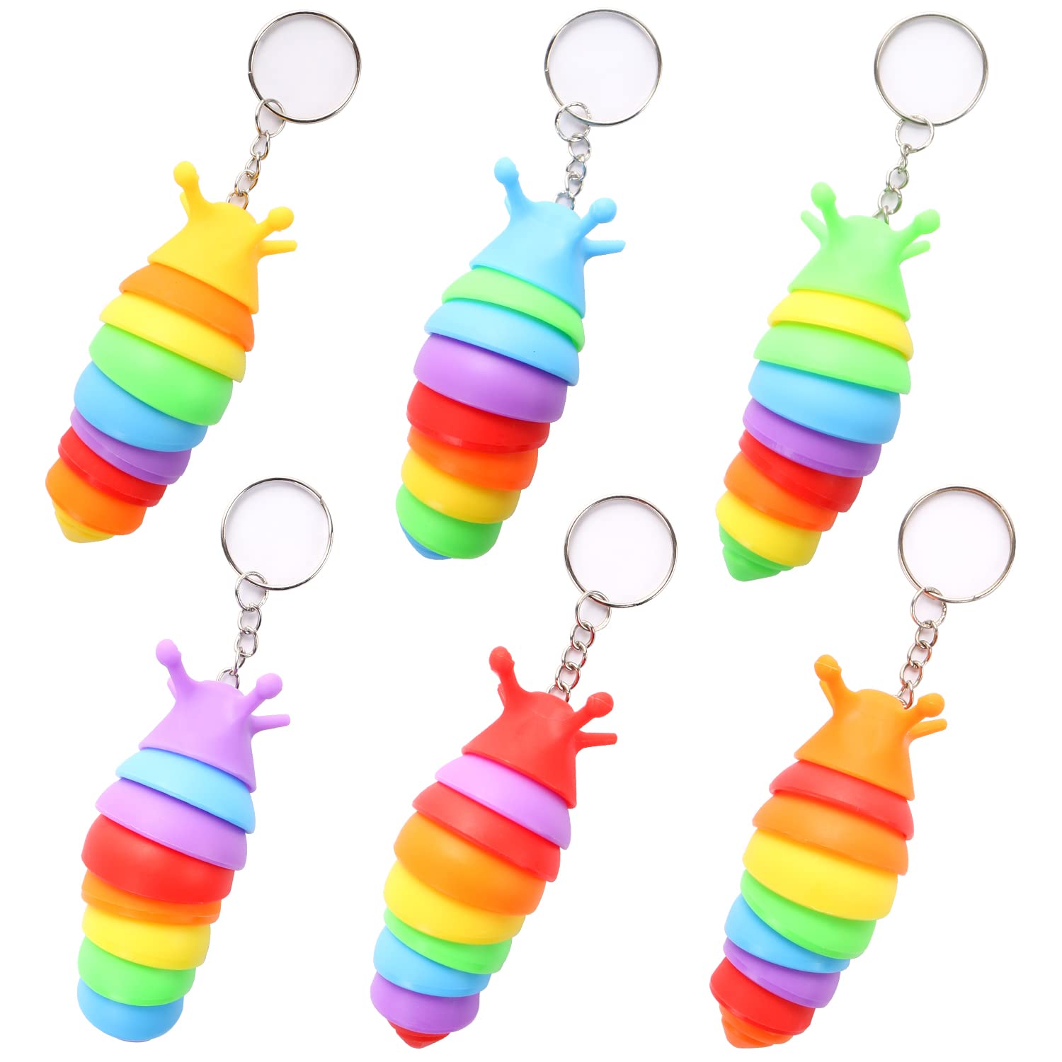 MEIEST 6 PCS Mini Fidget Slug Key-chain Toys3D Articulated Stretch Caterpillar Sensory Stress Relief Flexible Hand Toy Ideal Party Favor Colorful Office Desk Pet Toys(Random Color)