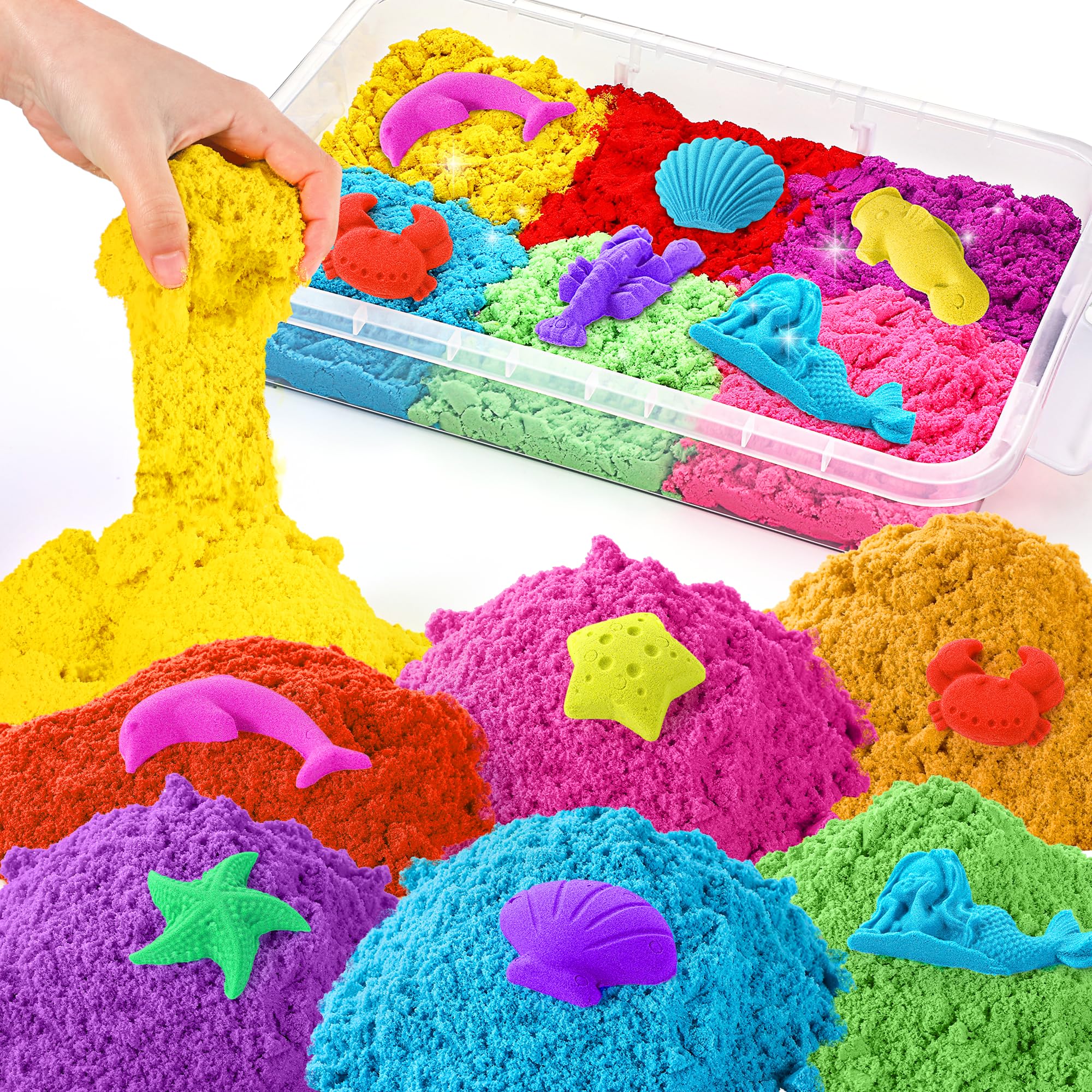 sikmcle Play Sand with Sensory Bin Toy for Kids 8 lb of 7 Colored Bulk Magic Sand with Sandbox for Toddlers Sensory Sand Kit for Boys and Girls Age 3-8 (Transparent)