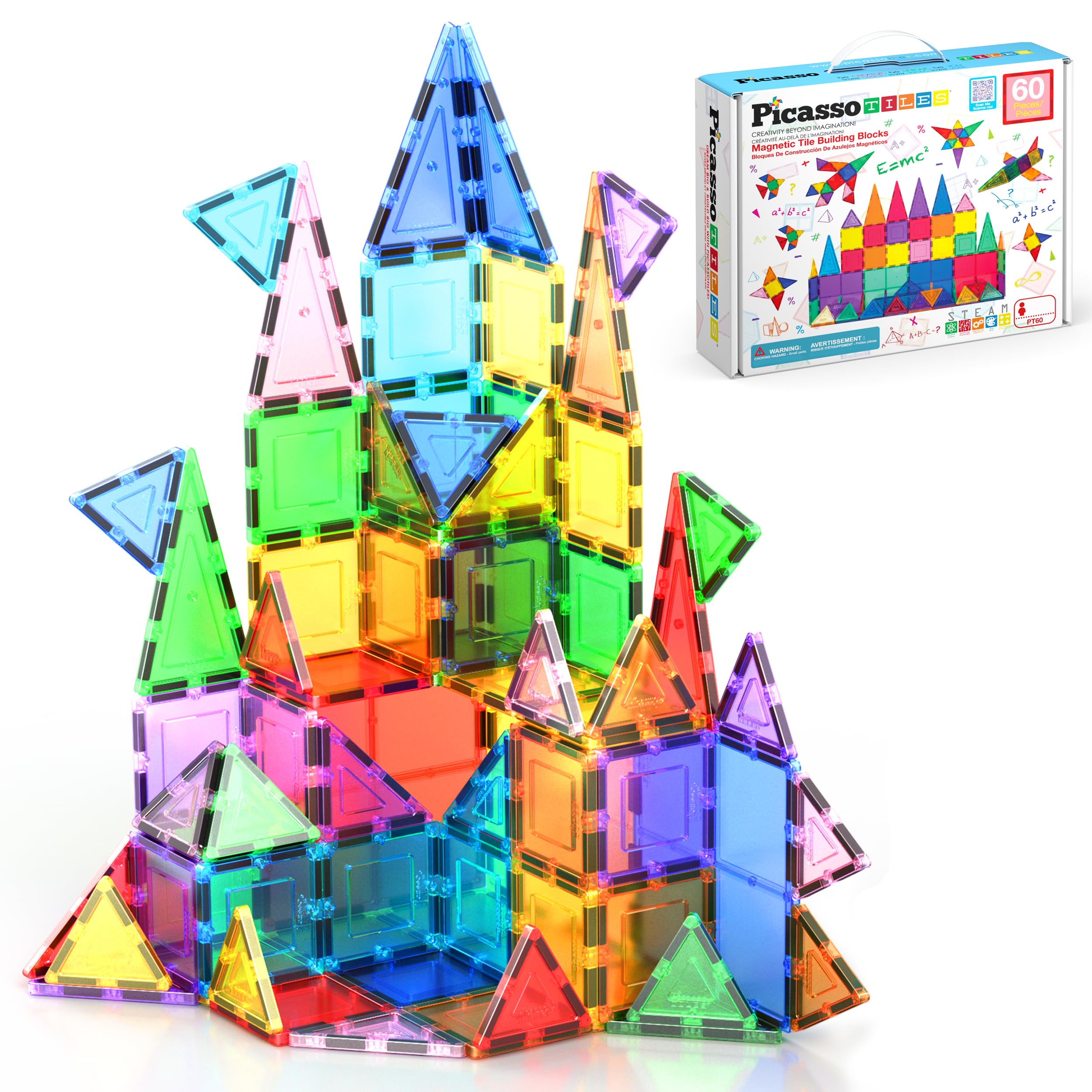 PicassoTiles Magnetic Tiles 60pcs Kids Toys Classroom Sensory Toy for Toddlers STEM Learning Building Blocks Montessori Pretend Play Magnet Tile Construction Stacking Block Boys Girls Ages 3+ PT60