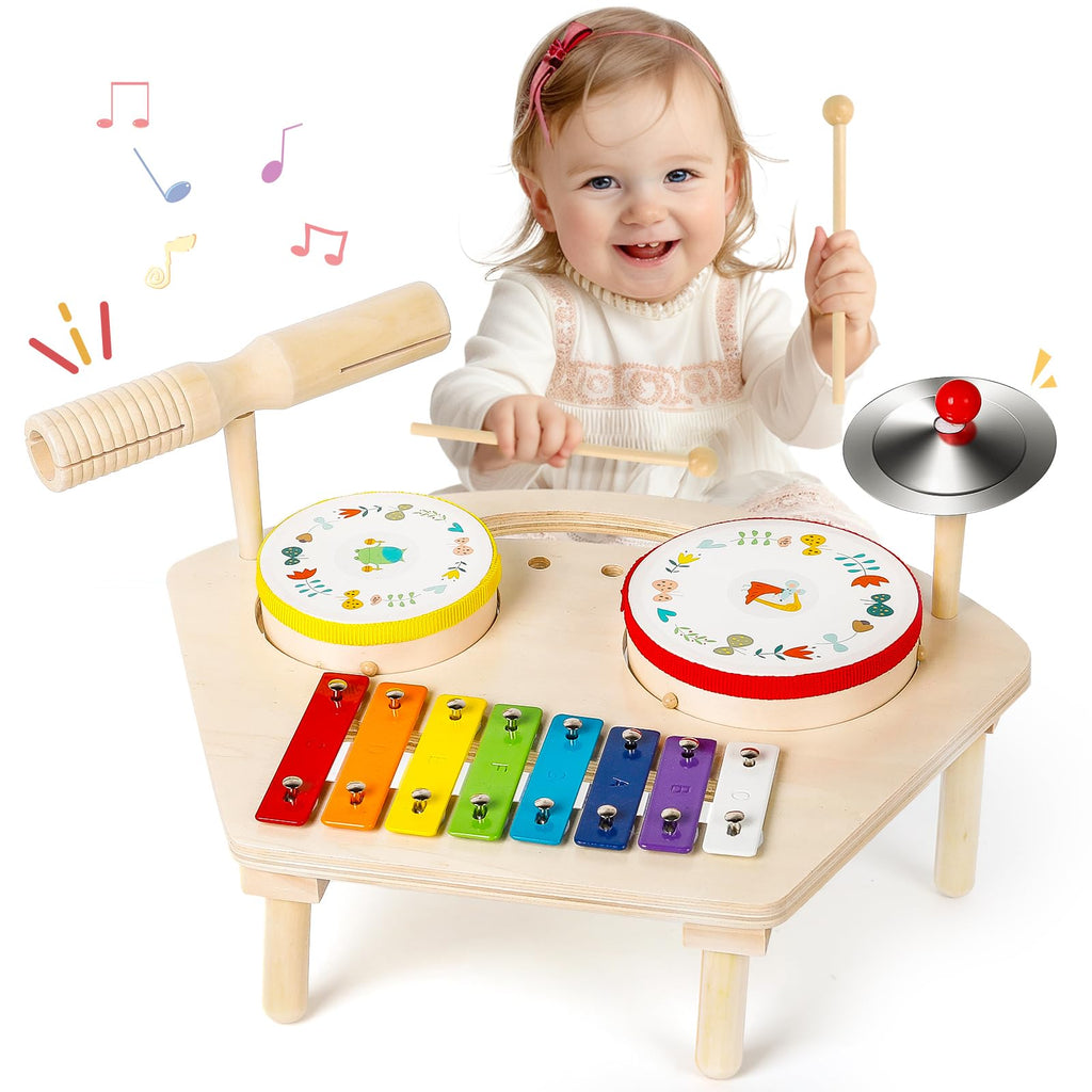 M SANMERSEN Kids Drum Set 7 in 1 Toddler Music Toys Wooden Montessori Musical Instruments Baby Sensory Toys Birthday Xmas Gifts for Girls Boys