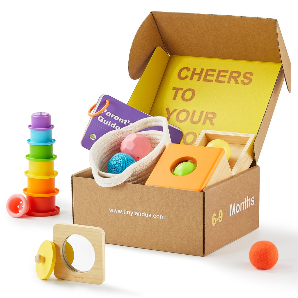 Tiny Land Montessori Toy Set for Babies 6-9 Months - 4-in-1 Wooden Learning Toys with Object Permanence Box Sensory Ball & Treasure Basket Stacking Cups and Mirror Puzzle