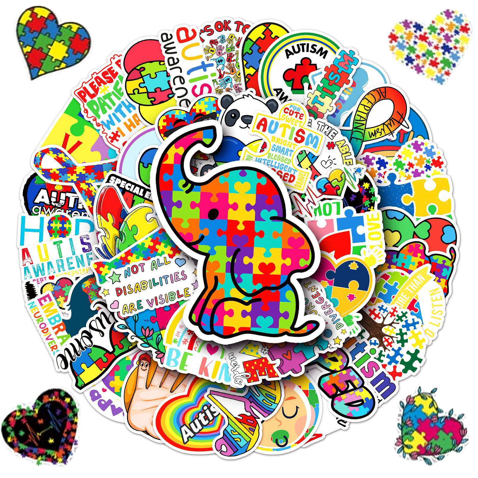 Autism Awareness Stickers 50 Pcs Autism Awareness Waterproof Vinyl Decals for Water Bottles Laptop Luggage Cup Computer Mobile Phone Skateboard Guitar Helmet Snowboard Décor