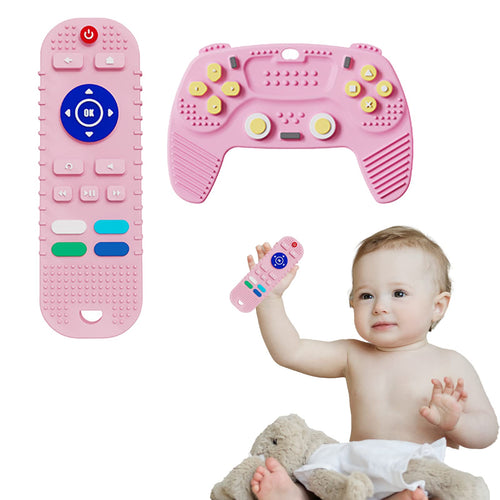 2-Pack Baby Teether Toys Silicone Toddler Sensory Toy Chew Toys Educational TV Remote Control Shape Teething Toys for Babies 6-18 Months (Pink)