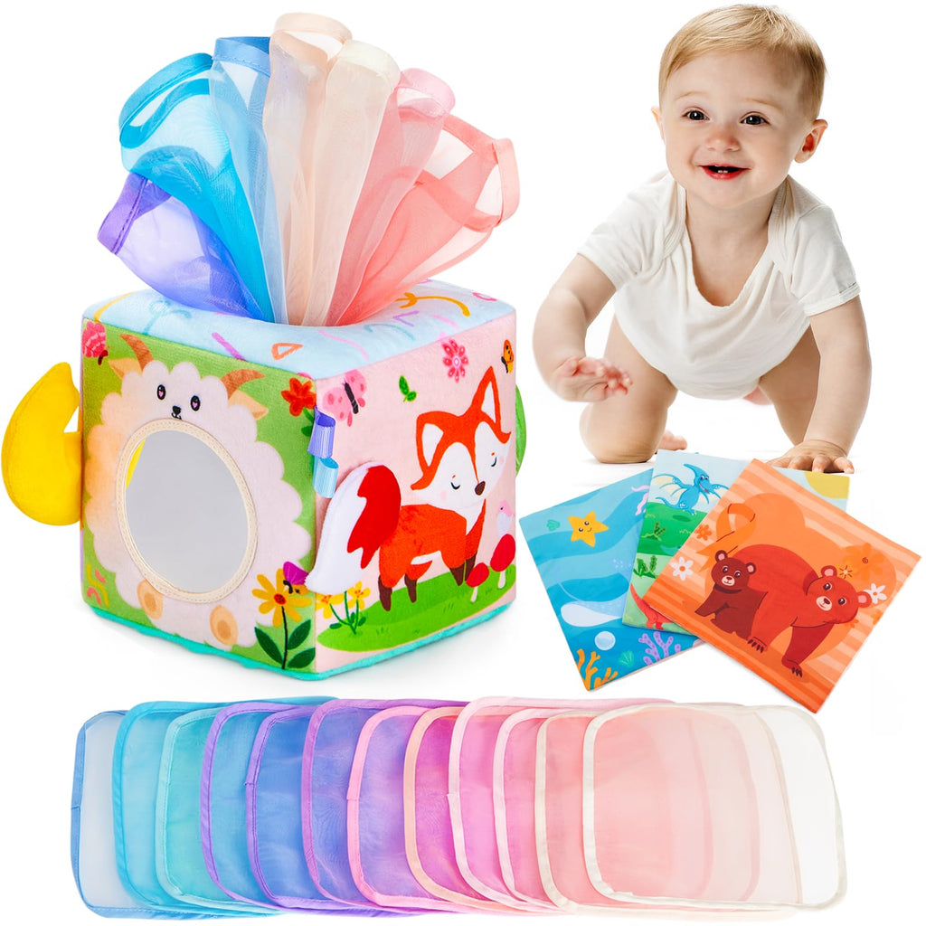 Yeeeasy Baby Tissue Box Toy Montessori Toys for Infant 691218 Months Sensory Tissue Box Toy with MirrorTextured TailsSqueaky Sounds for Boys&Girls Toddler Early Learning