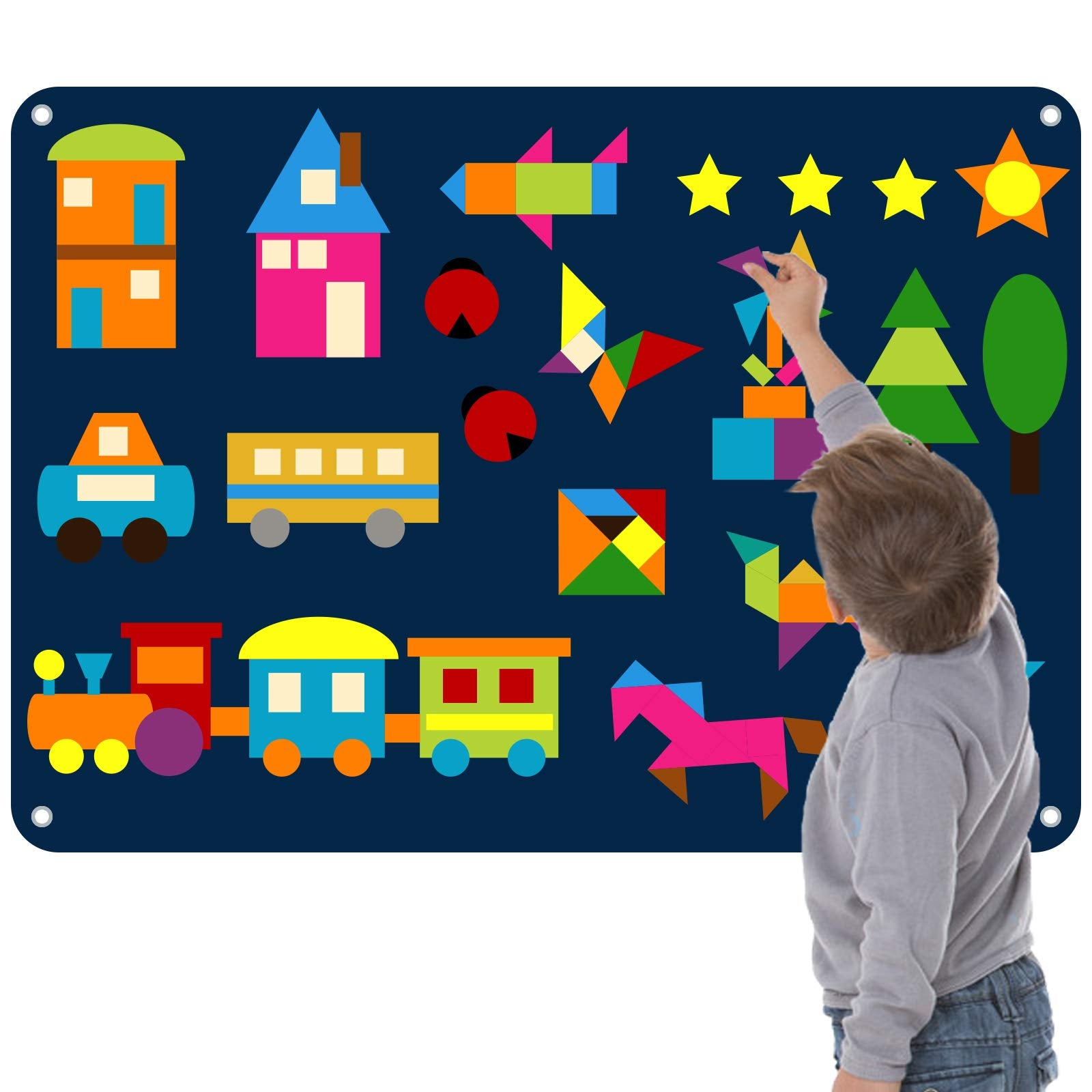 Craftstory 144 Pcs Shapes Felt-Board for Toddlers Preschool Classroom Must Haves Learning Activities Tangram Toys Teacher Aide 3.5 Ft Large Wall Hang Sensory Activities Kit