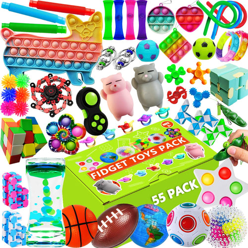 55 Pack Fidget Toys for Kids Adults with Sensory Needs Perfect for Party Favors Classroom Prizes Treasure Box Carnival Pinata Goodie Bag Fillers