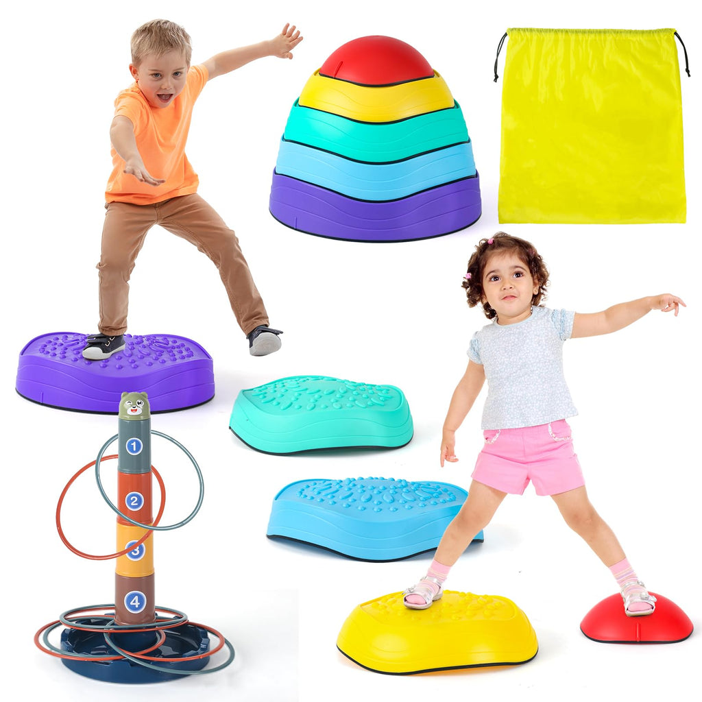 Stepping Stones for Kids 21 PCS Toddler Balance Stepping Stone & Ring Toss Toy Set Upgraded Non-slip Sensory Stepping stones Obstacle Course Indoor and Outdoor Play for Kids Age 3 4 5 6 7 8