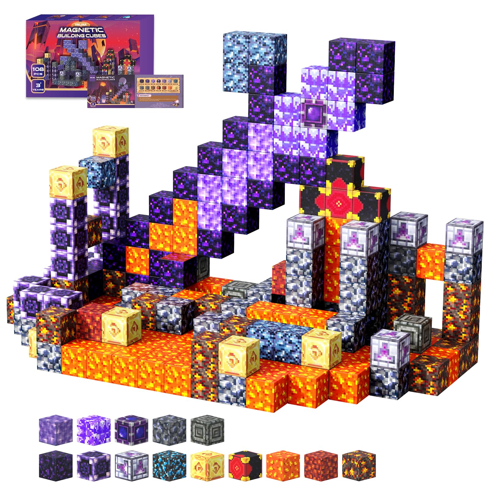 VNLINA Magnetic Blocks Building Toys - 108PCS Magnet Building Blocks Set Construction Cubes STEM Sensory Stacking Kids Toys for Age 3-5 4-8 8-12