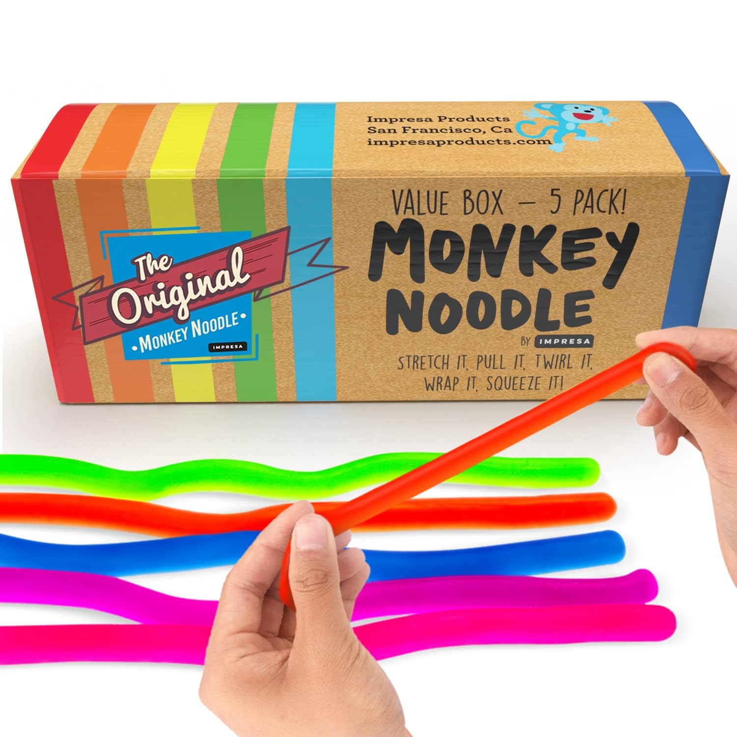 IMPRESA The Original Monkey Noodle Fidget Toy - 5 Pack - Stretchy Sensory Toys for Kids & Toddlers with Unique Needs - Fosters Creativity Focus & Fun-Great for Classrooms Home & Playtime Ages 3+