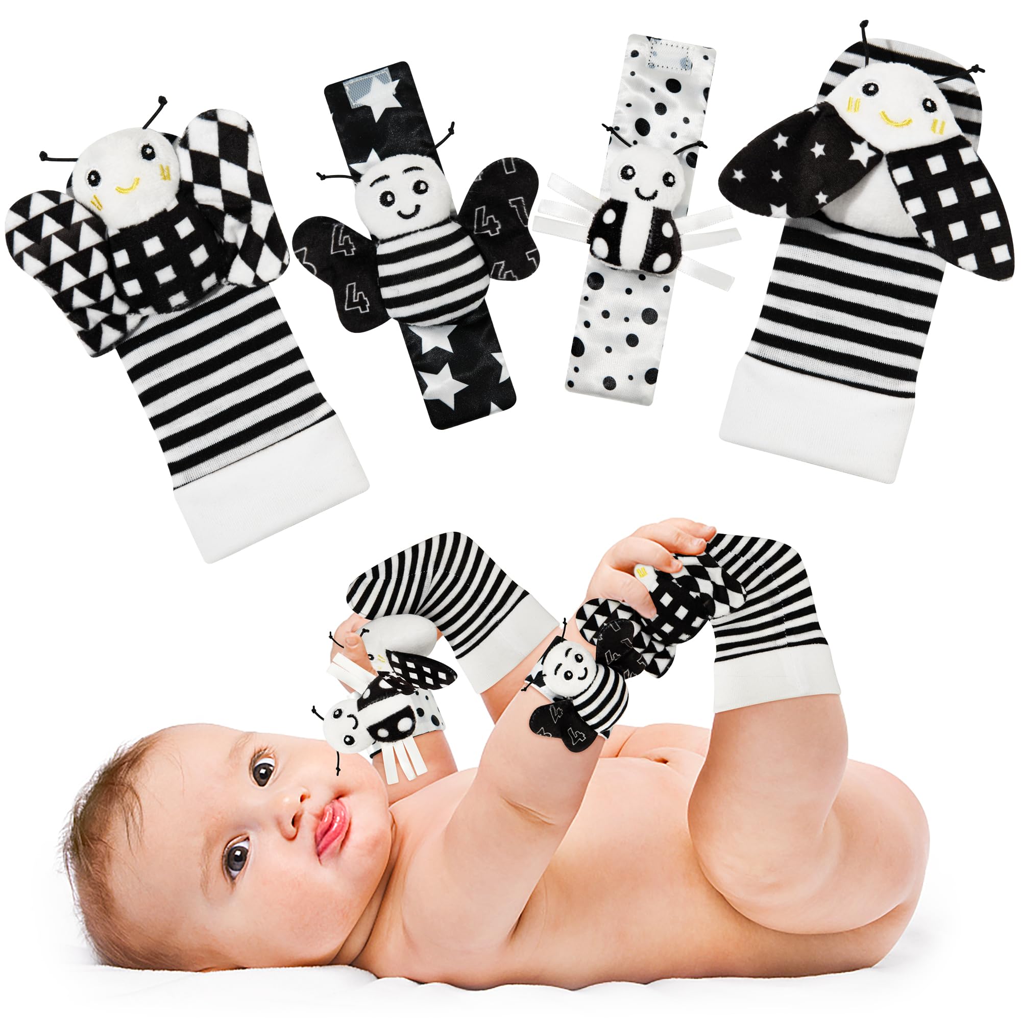 Yeeeasy Baby Rattle Cotton Socks and Wrist Rattle Strap Set Infant Toys 3 6 9 12 Months Baby Gifts for Boys and Girls Develop Babies Sensory Toys Black and White
