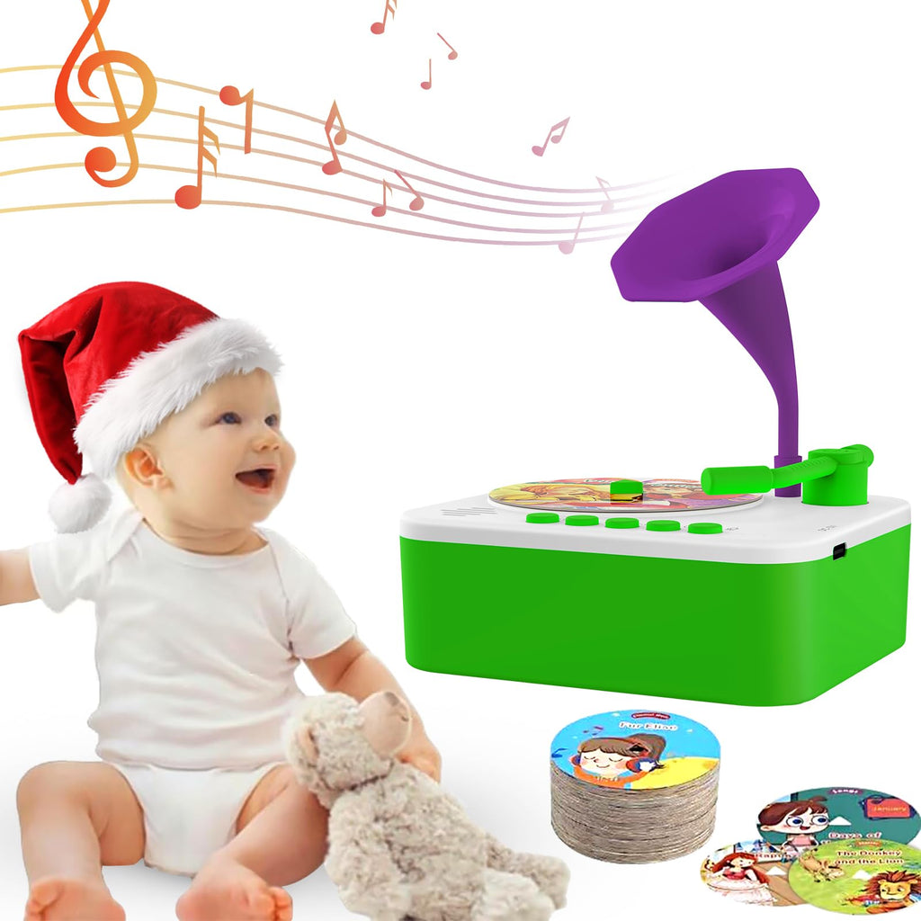 Retysaz Kids Phonograph with 96 Cards Story Music Player Kids 3-6 Musical Sensory Toy boy GirlToddler Audio Pre-Kindergarten Toy Early Childhood Education Present Birthday Green