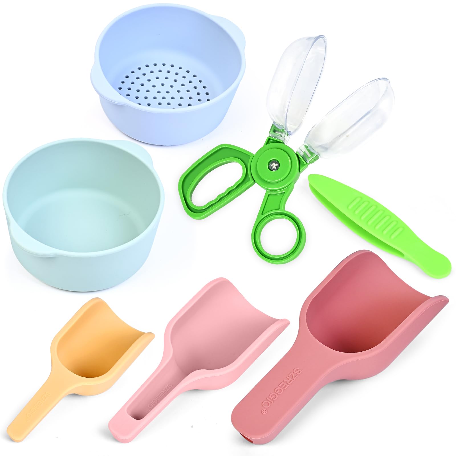 Madzee 7 Pieces Fine Motor Skill Toys for Children 3 Silicone Scoops 2 Nesting Bowls 1 Tweezer 1 Scooper - Sensory Bin Accessories