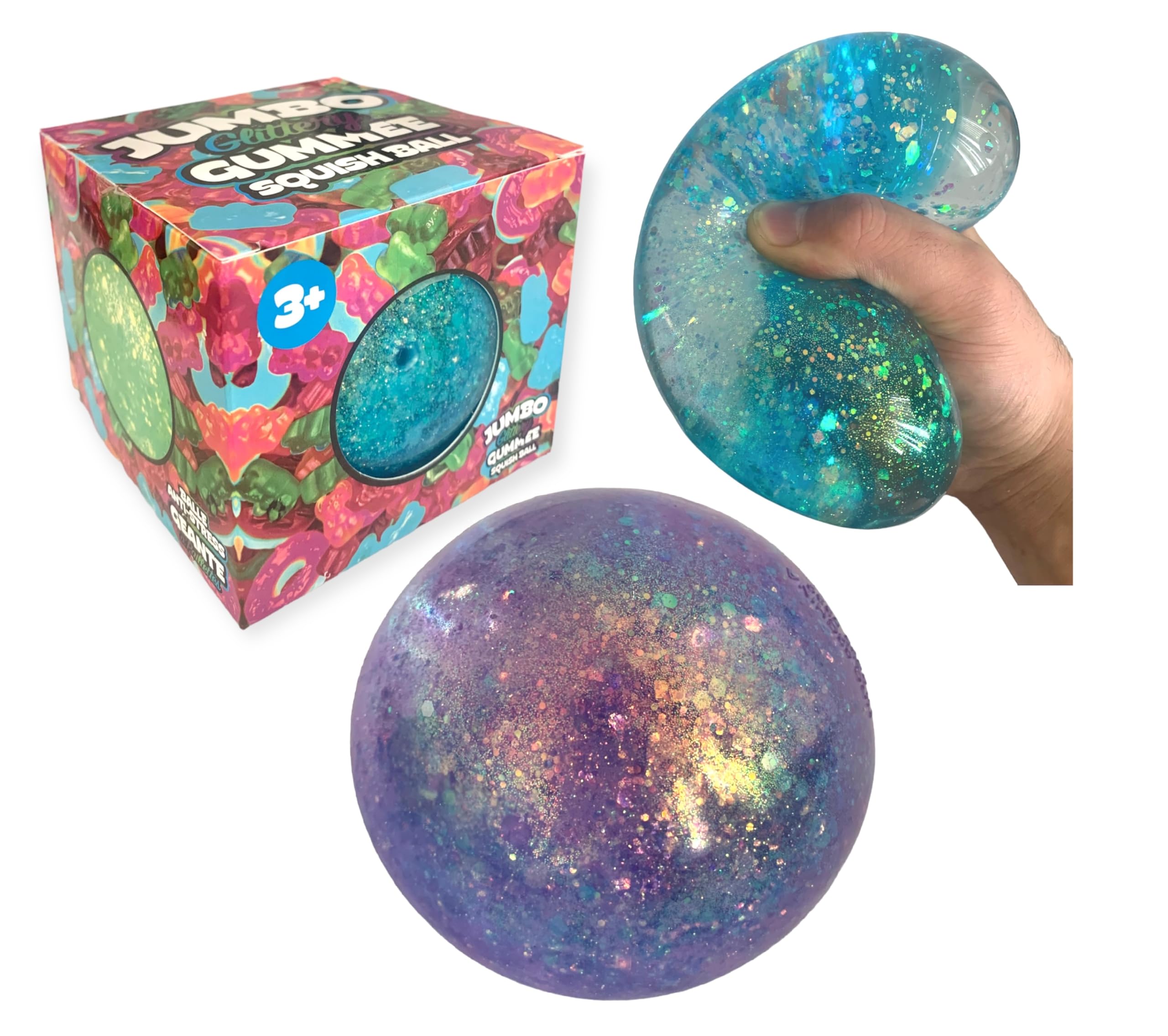 Hapros Jumbo 4" Glittery Gummee Ball Extra Large Sensory Slow-Rise Glitter Sugar Stress Ball Perfect Novelty Stress-Relief Fidget Toys Gifts for Adults and Children (Blue)