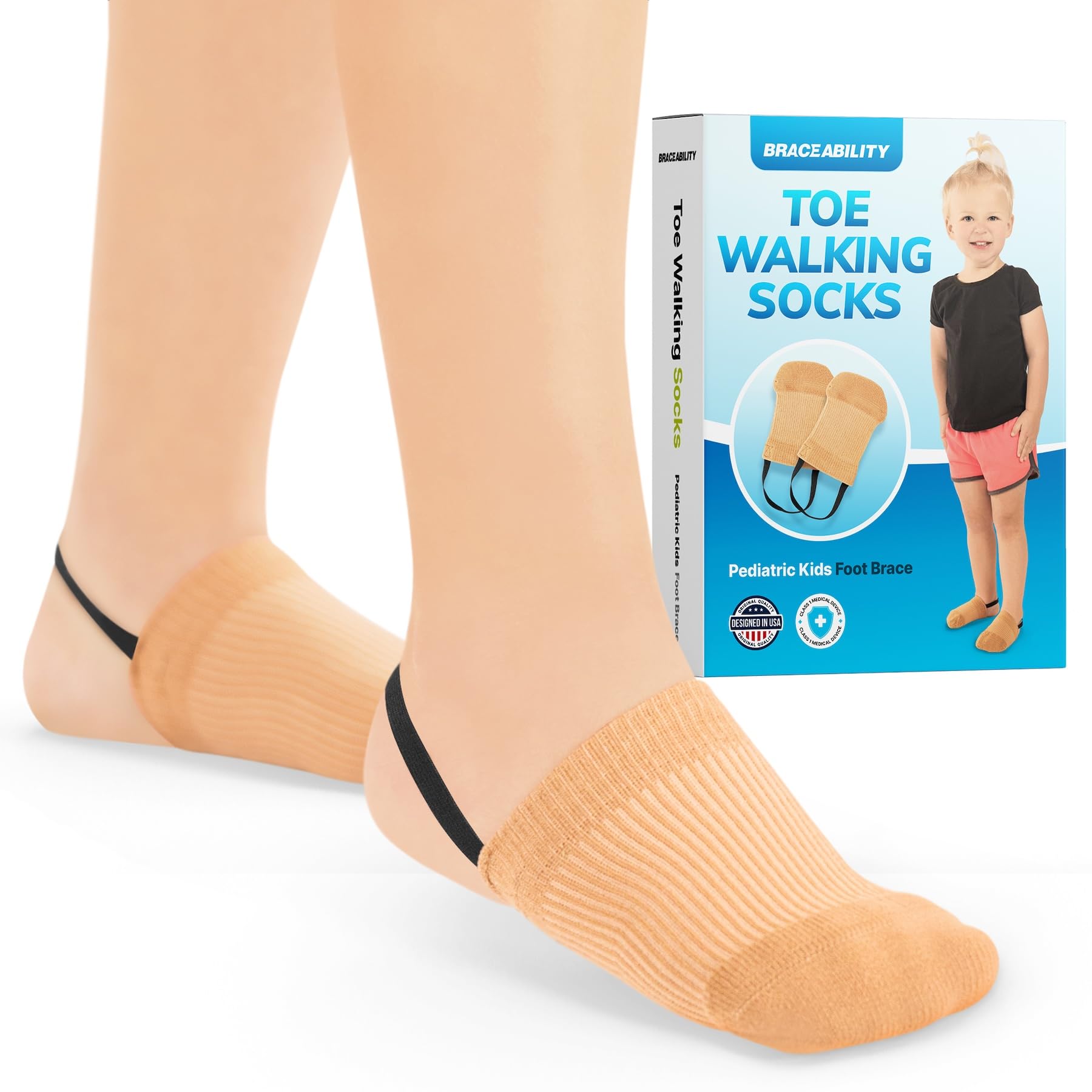 BraceAbility Toe Walking Socks (Pair) - Pediatric Kids Foot Brace for Comfortable Tip Toe Walking Prevention and Correction for Children and Toddlers Cerebral Palsy Equipment ADHD Support (S - Beige)