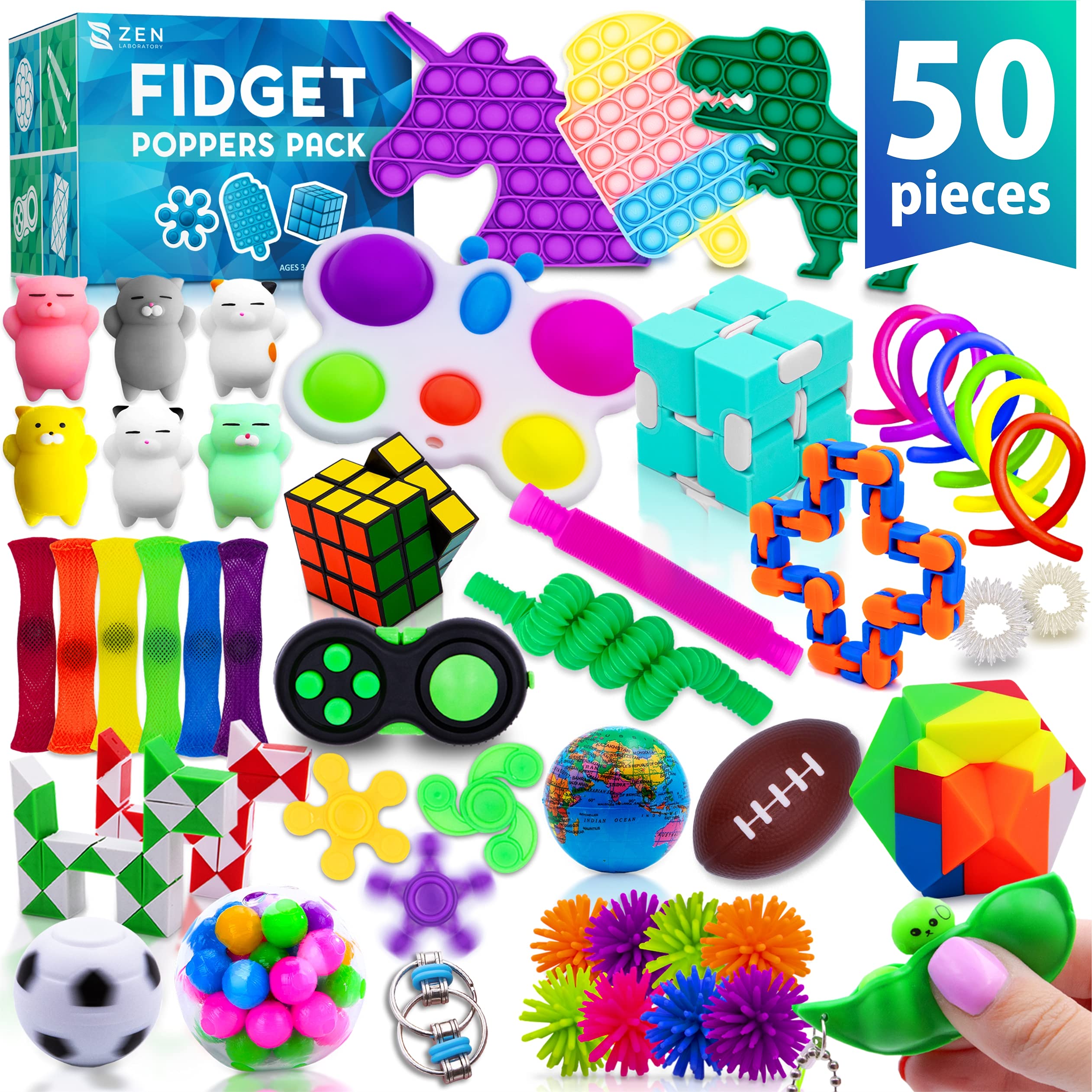 50 Pcs Fidget Toys Pack - Stocking Stuffers for Kids Gifts for Kids Party Favors - Adults Stress Relief Sensory Toy - ADHD Toys Bulk for Classroom Treasure Box Prizes - Pop Its