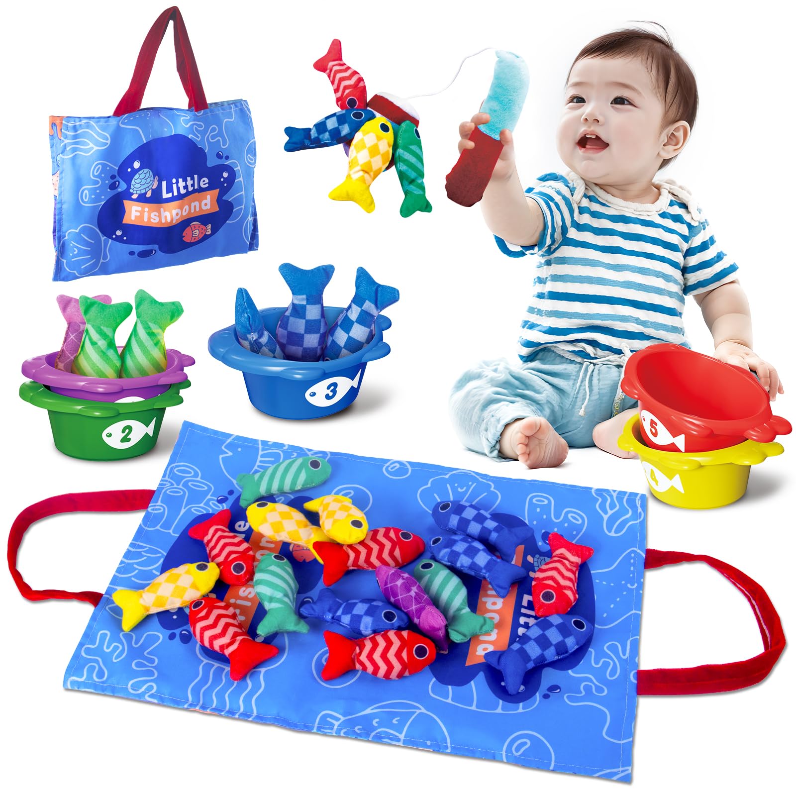 Montessori Toys for 1 Year Old - Baby Toys 1 Years Old Must Haves Cloth Fishing Game Sensory Toys for Toddlers 1-3 Number Counting and Color Sorting Baby Gifts for 12 Months Boy Girl Birthday