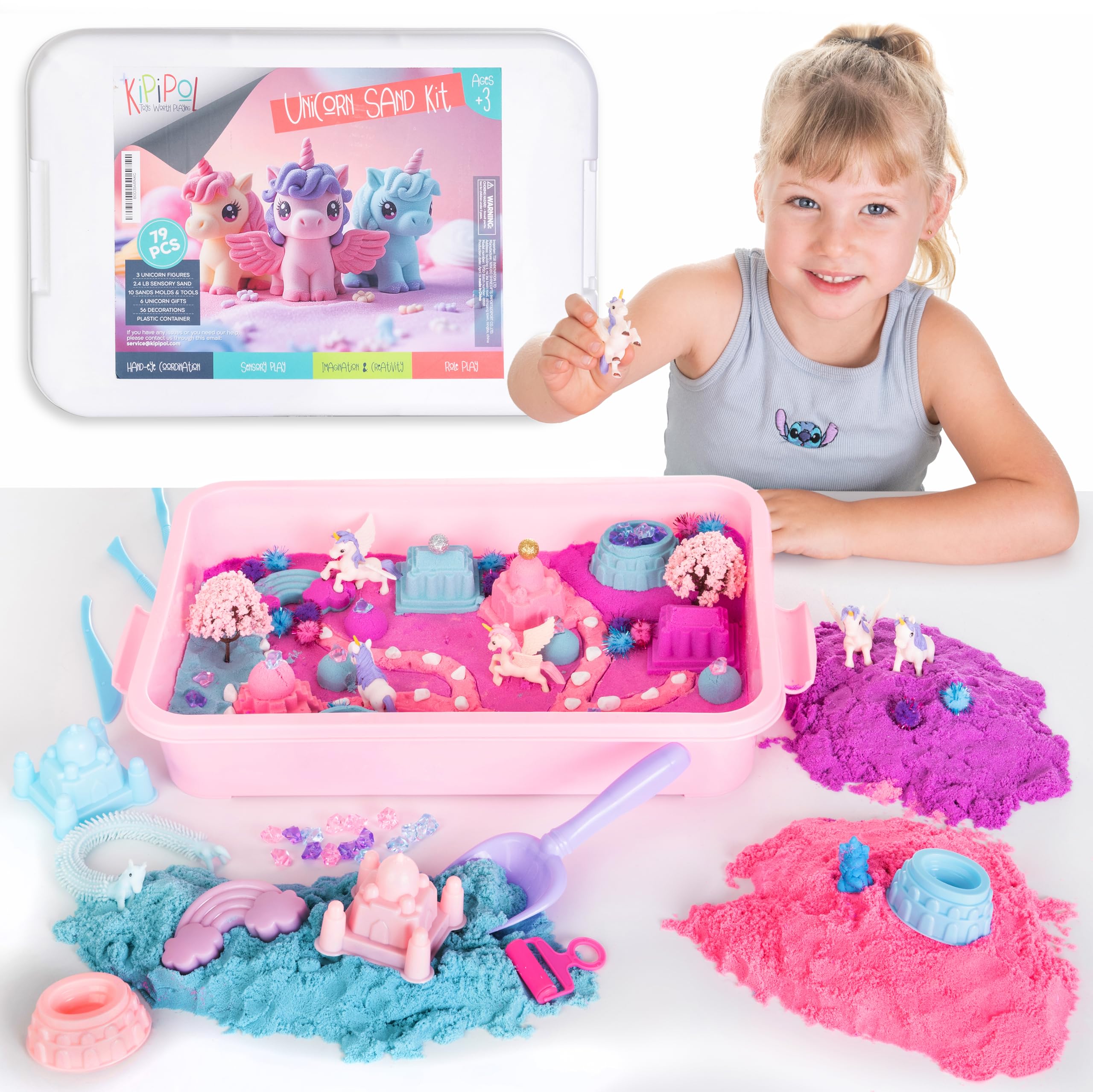 Kipipol Unicorn Sensory Bin for Toddlers 3-4 5-7 Magic Sand Art Kit w Sandbox 2.4 LB of Sensory Sand 10 Sand Toys 4 Unicorn Toys for Girls Age 4-6 6-8 Christmas & Birthday Gifts for Girls