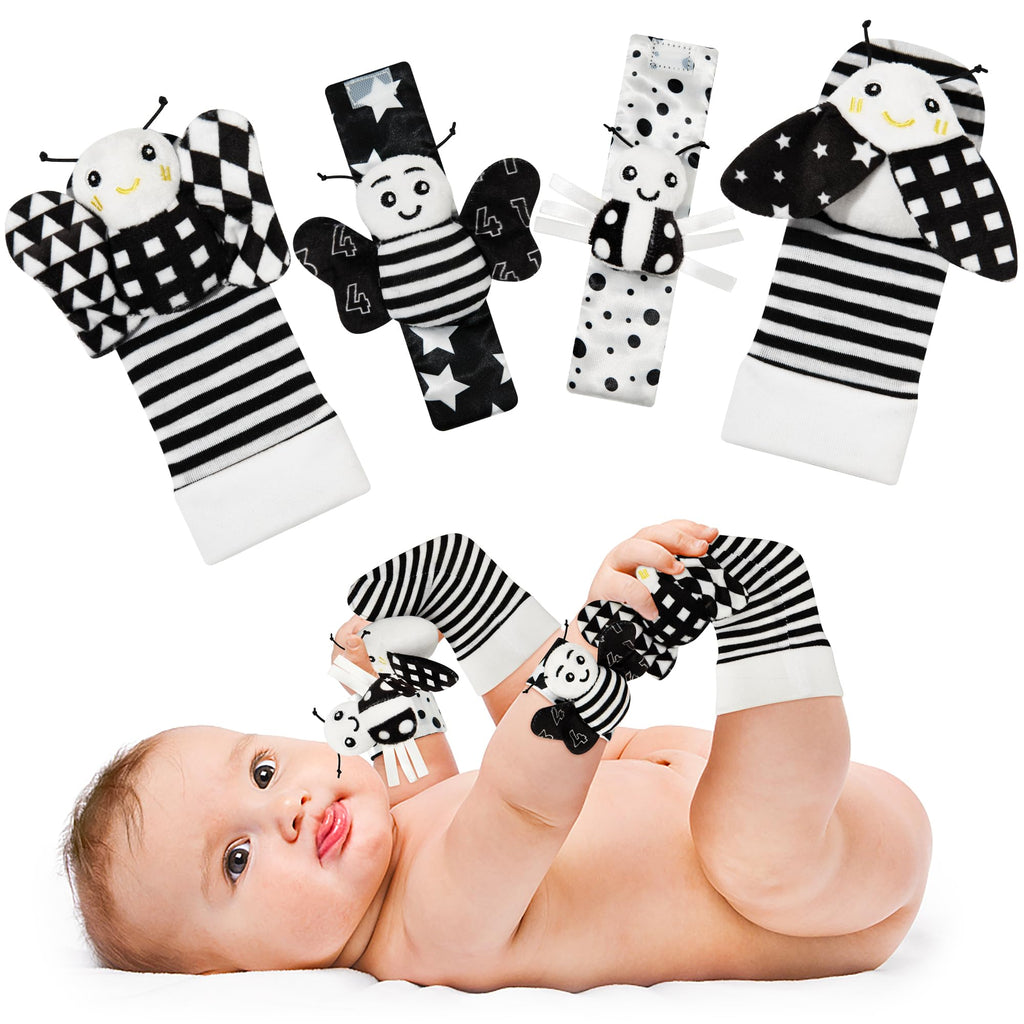 Yeeeasy Baby Rattle Cotton Socks and Wrist Rattle Strap Set Infant Toys 3 6 9 12 Months Baby Gifts for Boys and Girls Develop Babies Sensory Toys Black and White