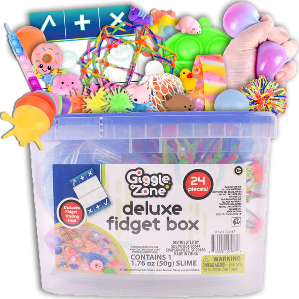 Sunny Days Entertainment 24 Piece Fidget Box Sensory Toys with Storage Container Party Favor Treasure Box Carnival Pinata Stuffers Adult Stress Relief ADHD Toy