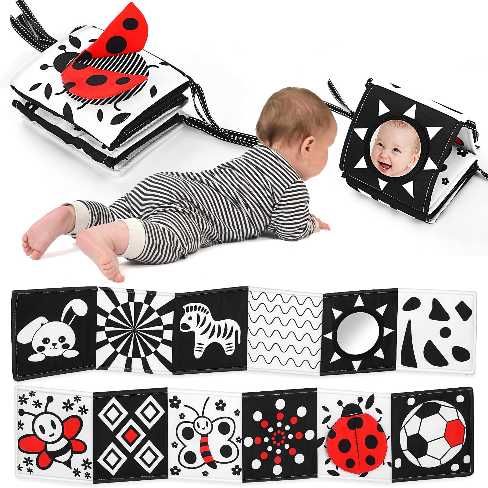 AJsupojouet Newborn ToysBlack and White High Contrast Baby Book for Newborn Toys 0 3 Months Brain DevelopmentTummy Time Toys Sensory Infant ToysMontessori Toys for Babies Essentials 0 6 12 Gifts