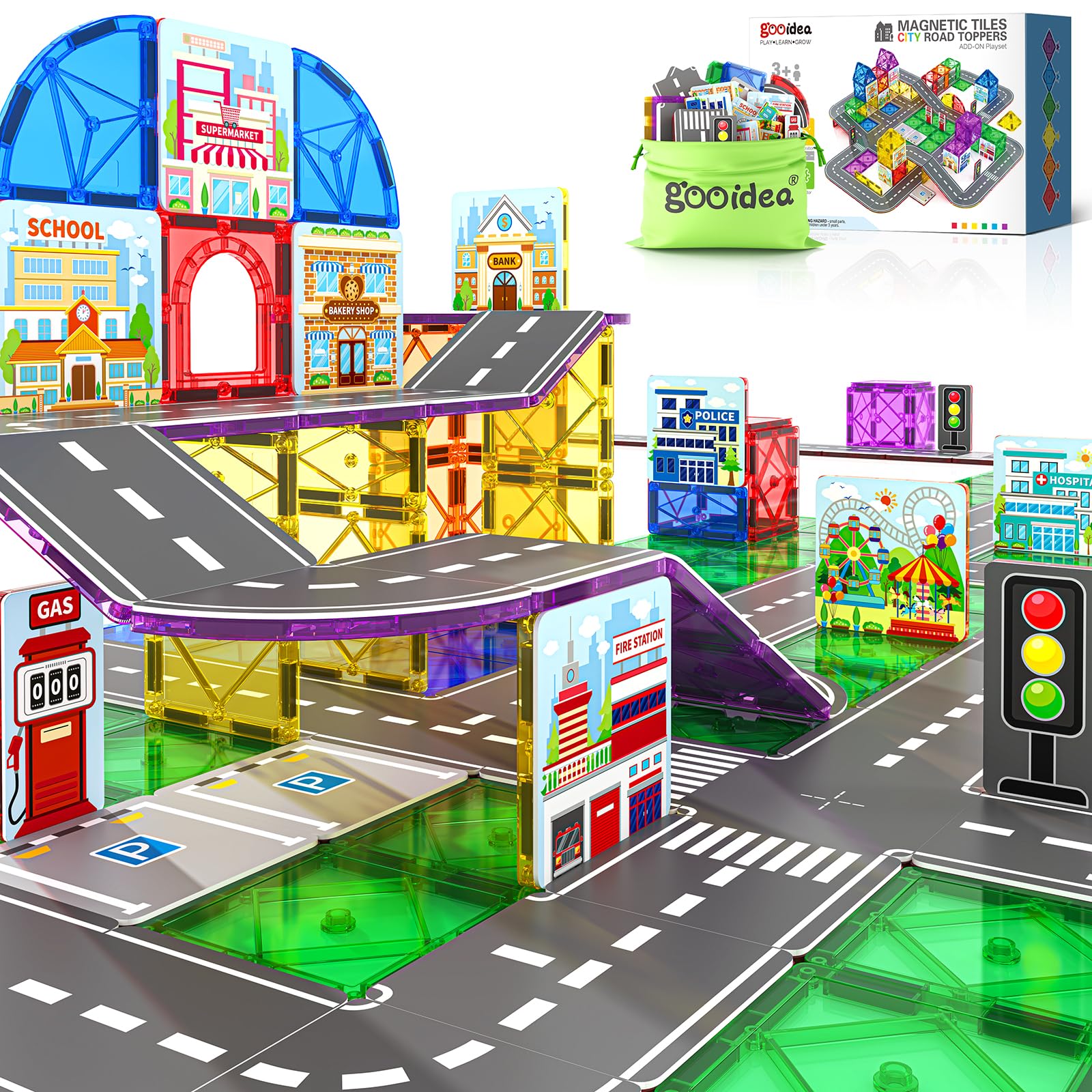 92PCS Magnetic Tiles Build Your Own Live City Toddlers Kids Toys Creative Construction Sensory Toys Preschool Learning Play with Cars Pretend Play Toy Gift for 3 4 5 6 7 Year Old Boys Girls