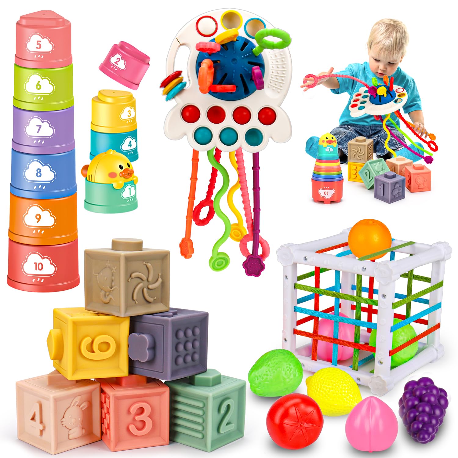 Montessori Baby Toys 6-12-18 Months Infant Pull String Stacking Cups Shape Sorter Blocks Toy 6 7 8 9 10 11 12 M+ Sensory Development Learning Toy 6-9 9-12 Months Birthday Gift for 1 Year Old Boy Girl