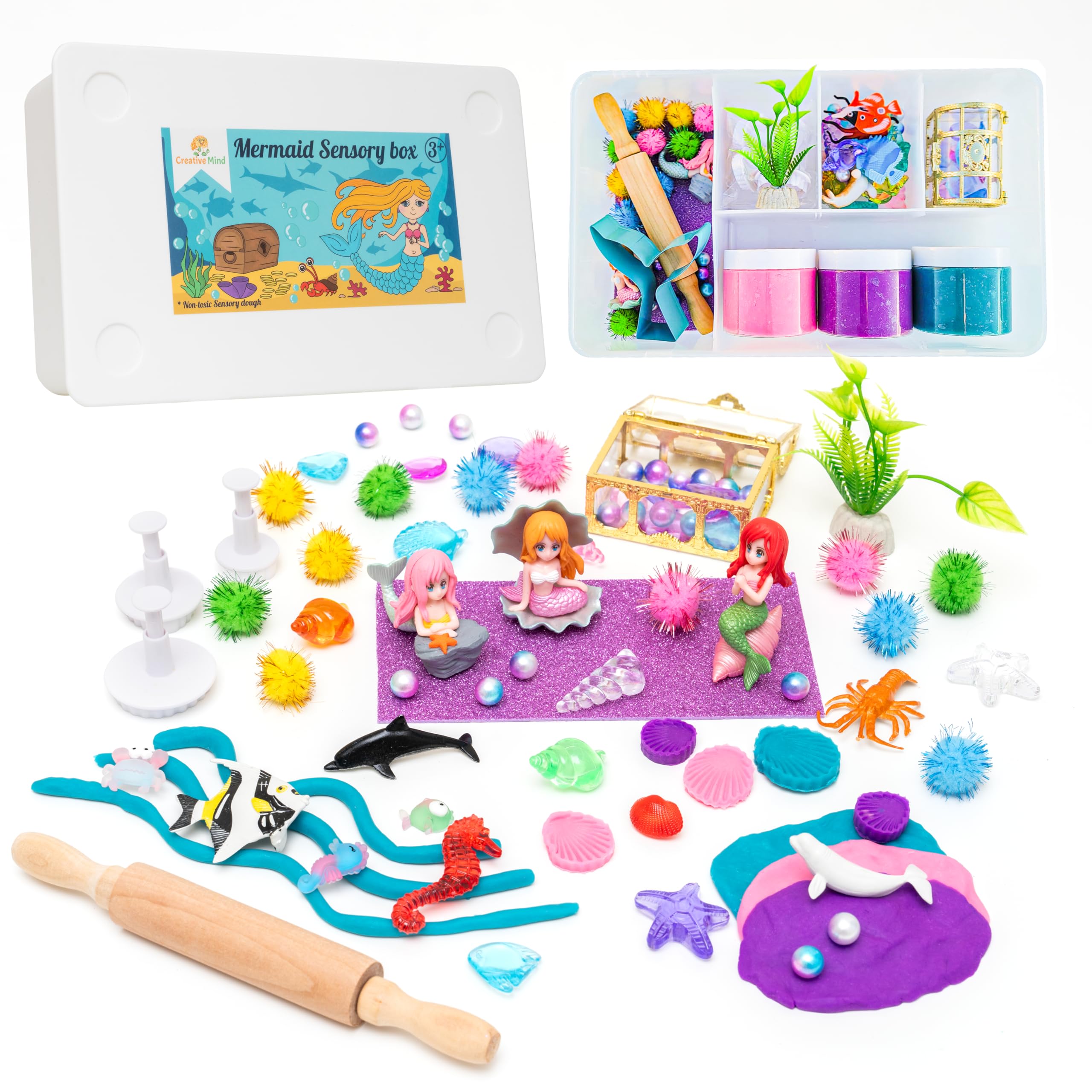 Creative Mind Mermaid Sensory Kit for Kids with 3 Jars of Non-Toxic Play Dough Reusable Sensory Bins for Toddlers with Sea Animals Shells Pearls Mold and Roller Pin - All in one Sensory Play