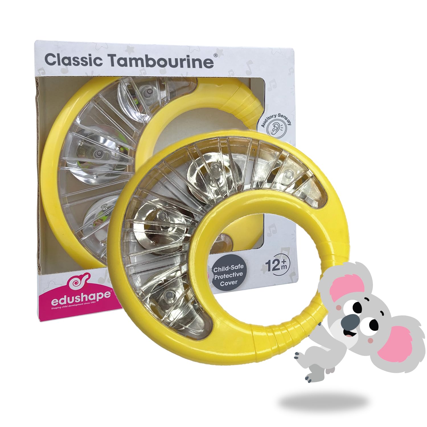 Edushape Classic Tambourine for Kids Yellow - Percussion Musical Instrument Baby Tambourine for Toddlers 1-3 Kids Tambourine Fun Tummy Time Fine Motor Auditory and Visual Sensory Development