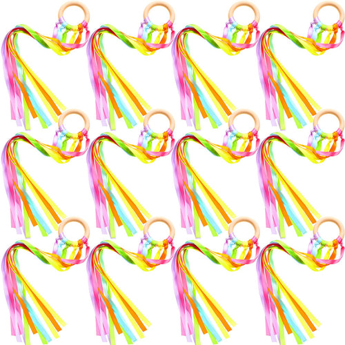 12 Pcs Rainbow Ribbon Wooden Waldorf Toys Creative Waldorf Hand Kite Set Streamers with Wood Ring Sensory Learning Educational Toy for Playroom Dancing Birthday (Fresh)