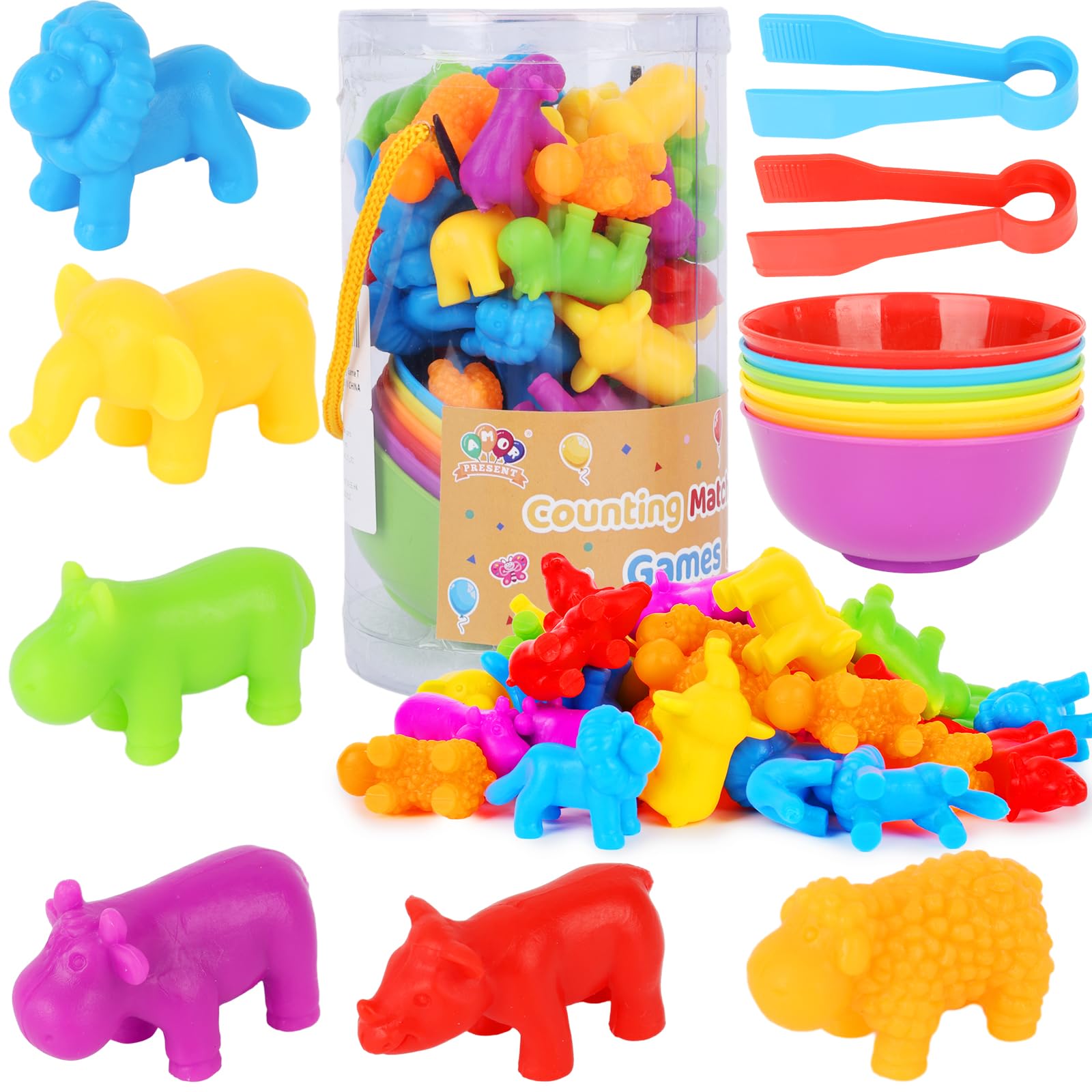 AMOR PRESENT 44PCS Counting Animals Matching Games for Toddlers Color Sorting Toys with Bowls Montessori Educational Sensory Toys for Boys and Girls Preschool Learning Activities for Math