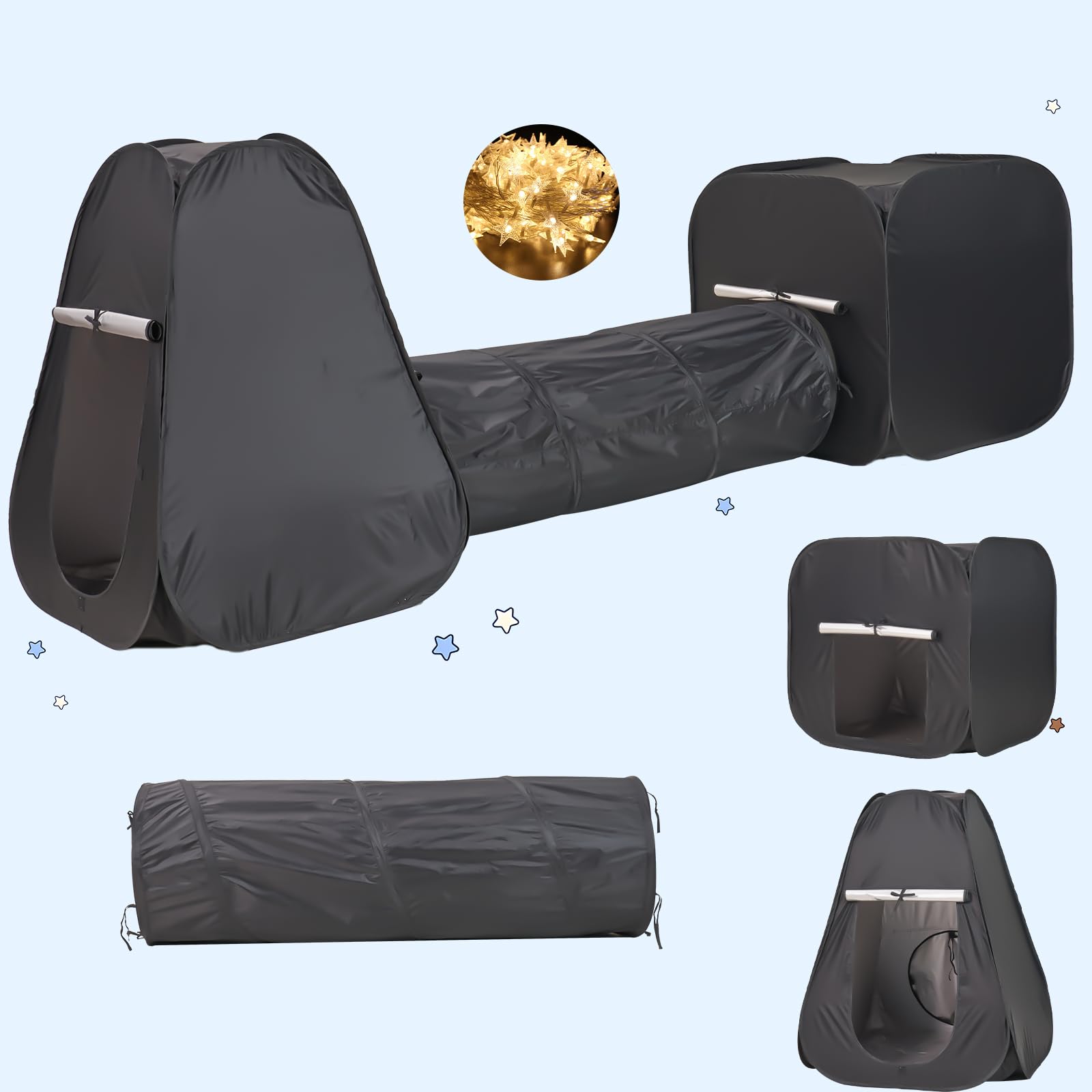 3 Pcs Sensory Tent Set with Crawl Tunnel for Kids with AutismPop-up Blockout Calming PlayTents for ToddlersSpecial Needs Sensory Room Equipment Clam Down Corner PlayhouseBlack