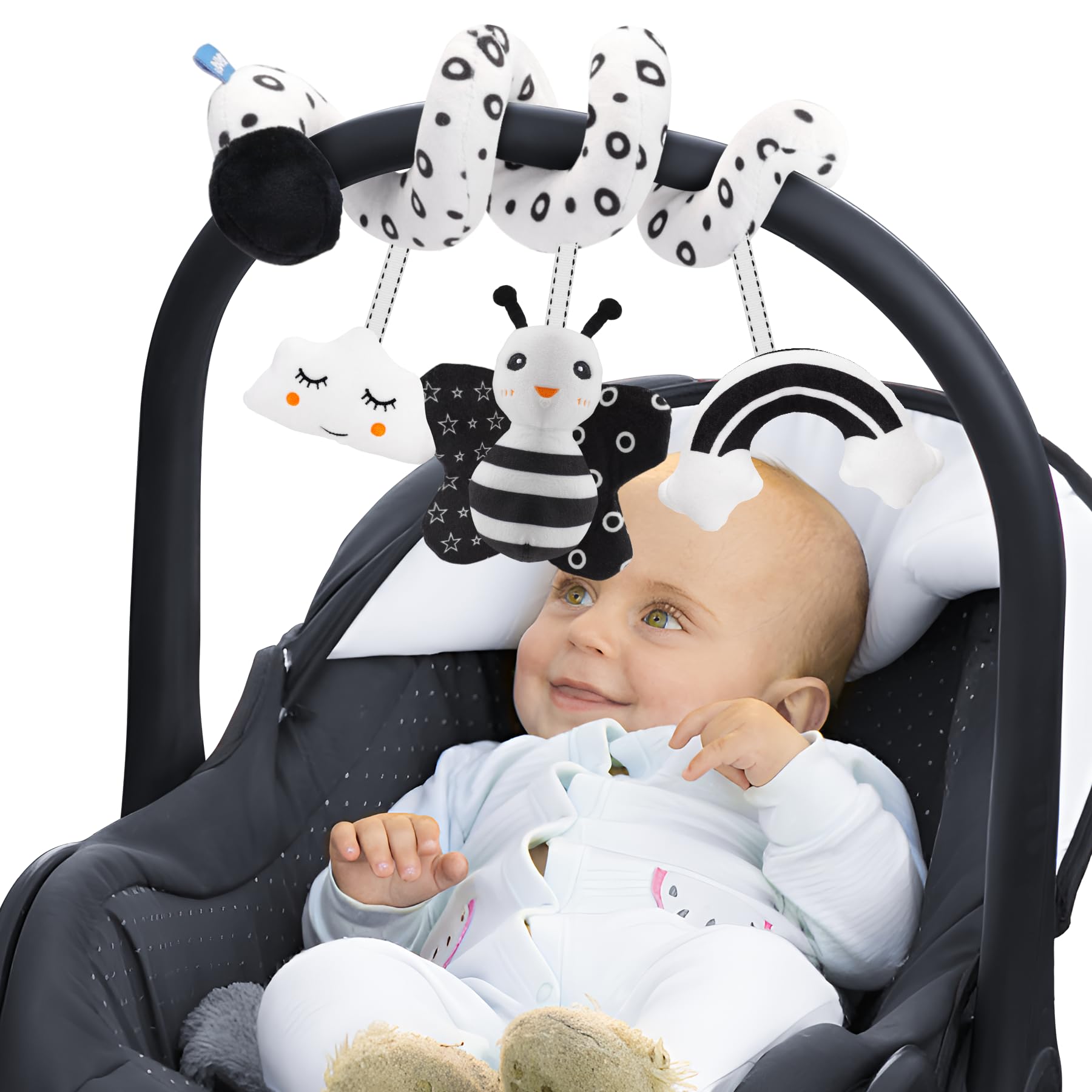 FPVERA Infant Car Seat Toys for Babies 0-6 Months: Travel Baby Toy for Rear Car Seat Adjustable Mobile Activity Arch with Music Sensory Hanging Toy Fits SafetyCrib Stroller (Black Whtie)