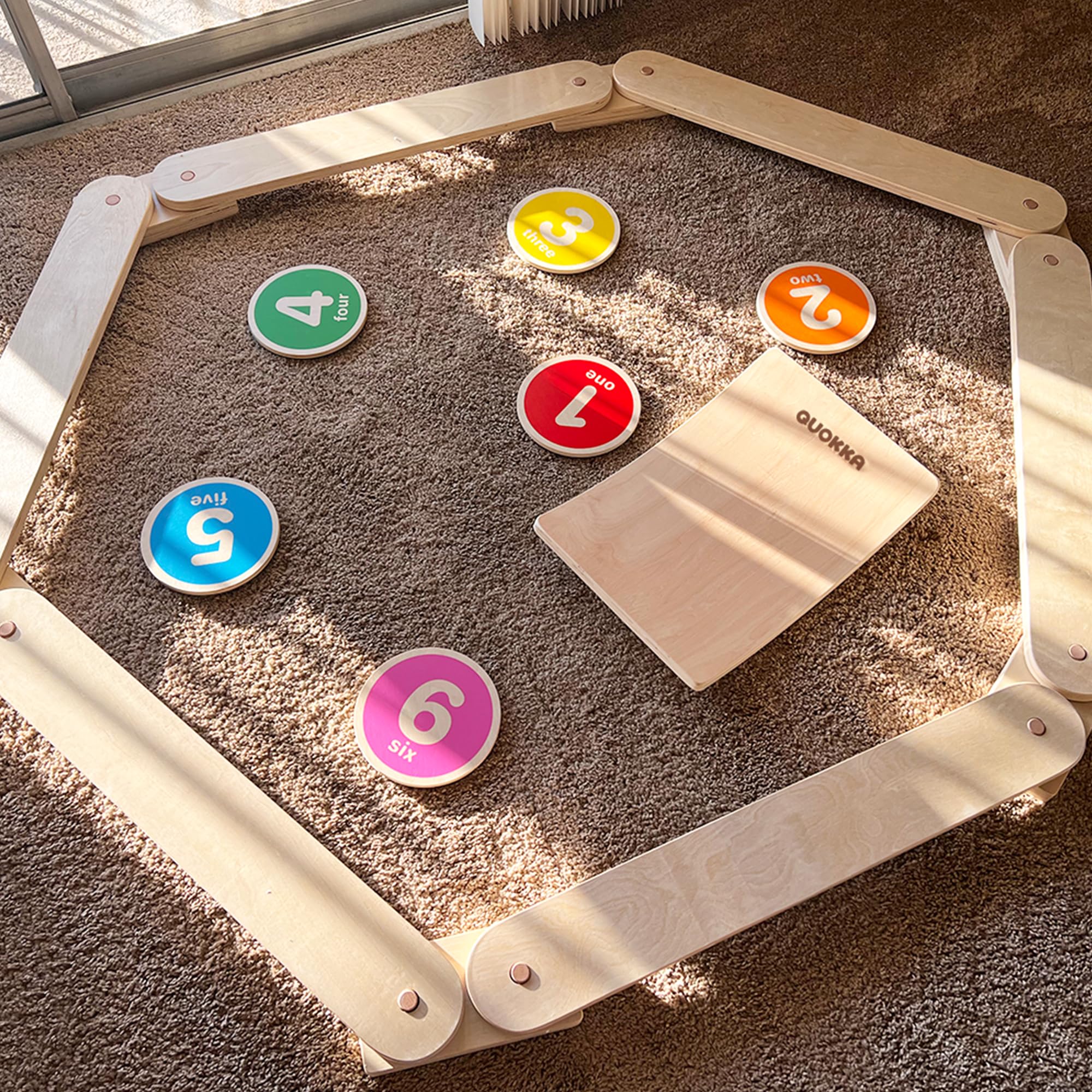 QUOKKA Complete Indoor Play Set with Wooden Balance Beam - Size 6x60 - Balance Board 5 Wooden Activity Discs - Safe and Creative Active Play for Kids - Toys for 3+ Year Olds - Sensory Toys