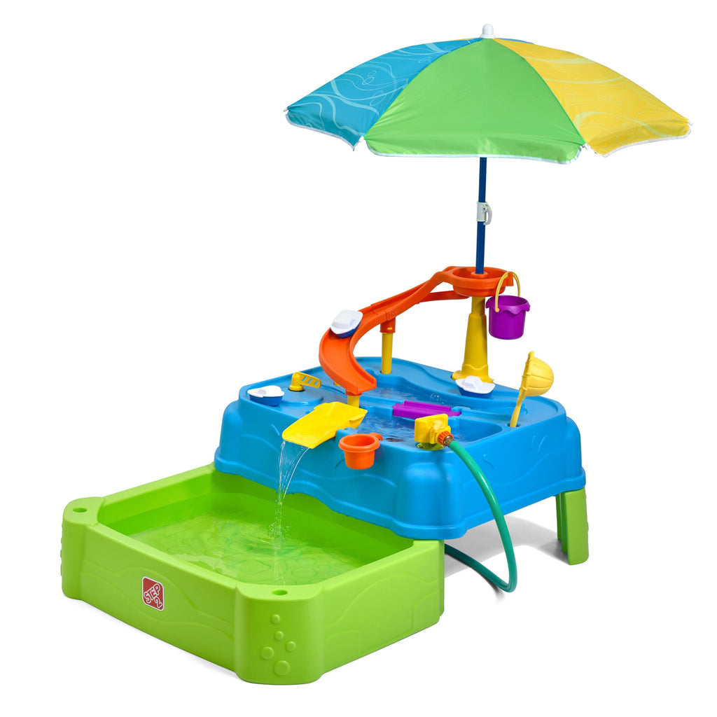 Step2 Waterpark Wonders Two-Tier Water Table Kids Water Activity Sensory Playset Comes with Umbrella Summer Outdoor Toys 11 Piece Water Toy Accessories for Toddlers 1.5+ Years Old