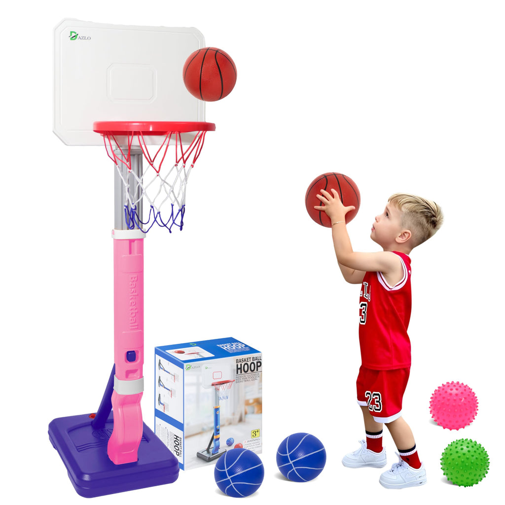 Toddler Basketball Hoop with Adjustable Height (27.6" to 54.4") – Kids Basketball Hoop Including 4 Basketballs 2 Sensory Balls Stickers & Inflator – Indoor/Outdoor Play for Ages 3-12 (Pink)