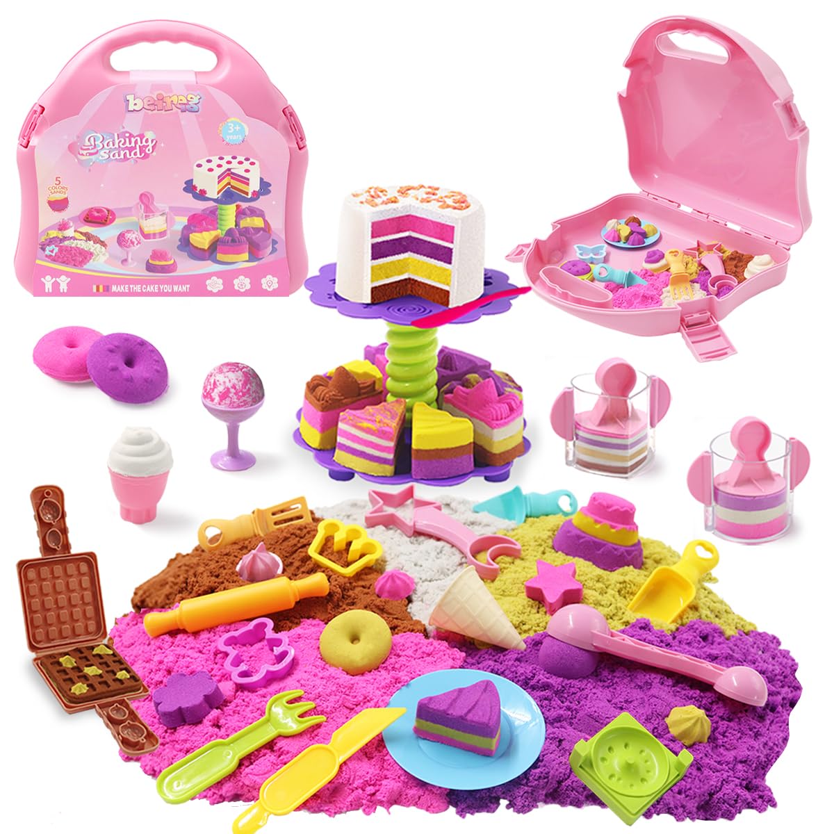 BEIREG Baking & Ice Cream Shop Play Set 4lbs Magic Sand 7 Cake Molds with Cake Tray 6 Ice Cream Molds 10 Sand Tools 6 Cookie Tools Waffle Donut Molds Sensory Toys for Kids Toddlers 3 4 5 6 7 8+