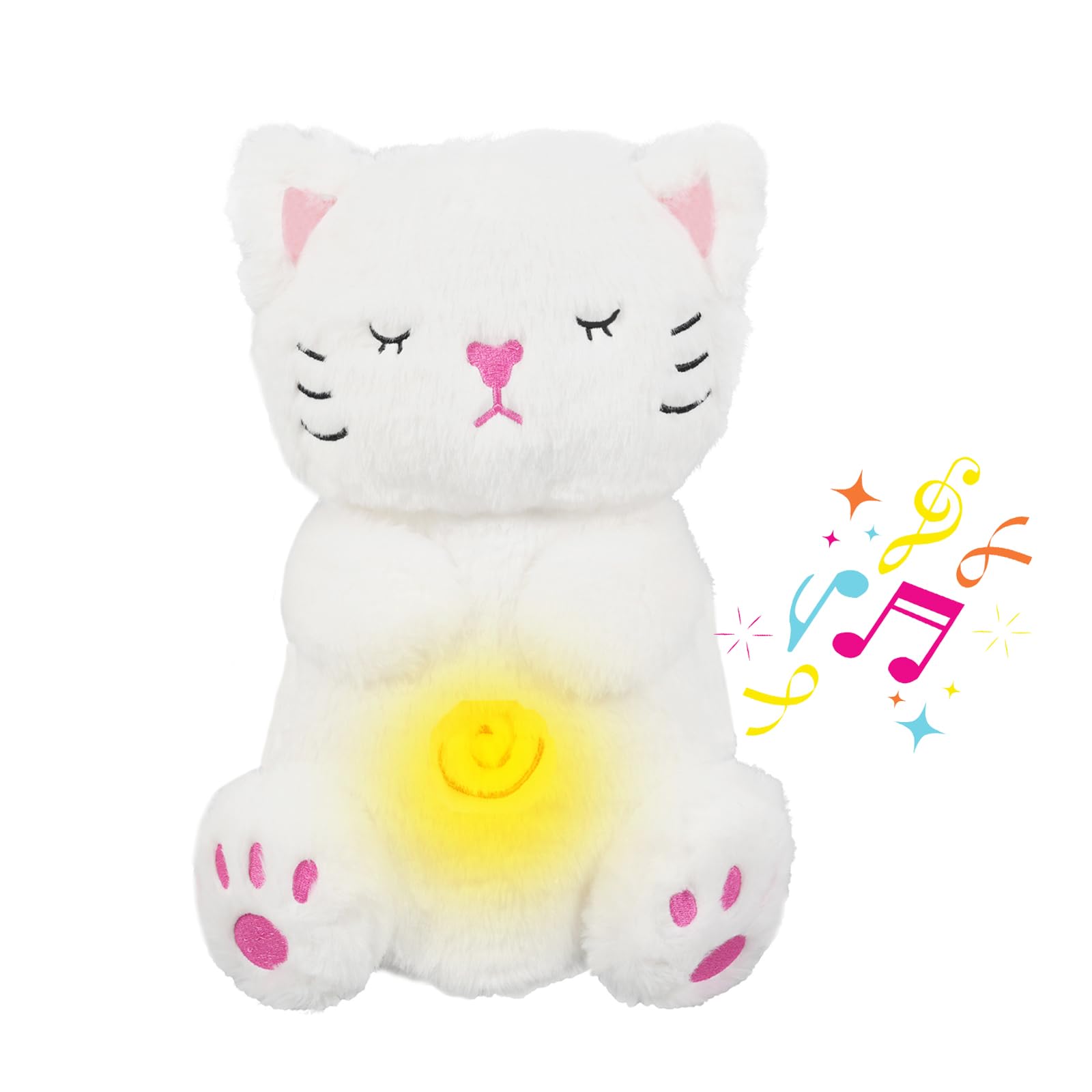 Breathing Stuffed Animal Soothe Snuggle Cat Plush Sleeping Plush for Kids Toy Birthday Gift with Sensory Details Musical Lights and Rhythmic Breathing Sleep Companion (White)