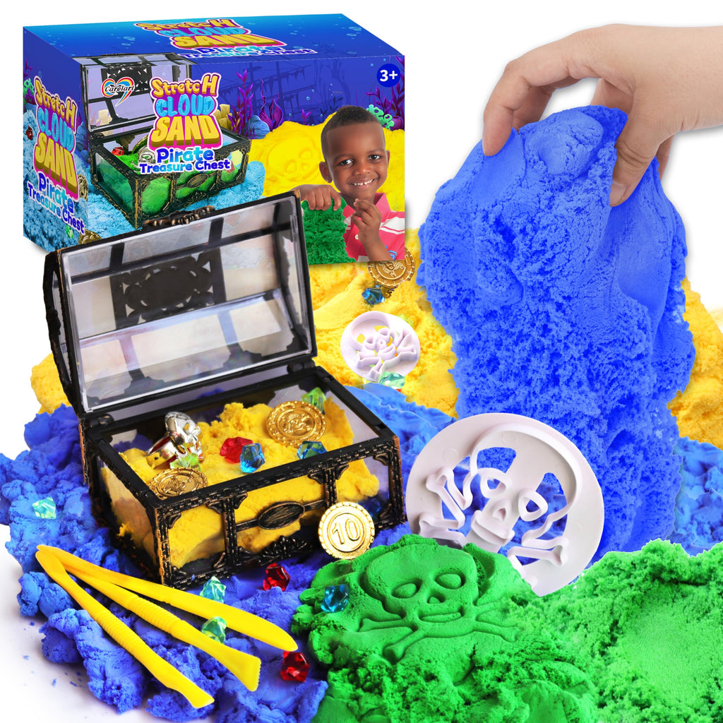 Carolart Pirate Stretchy Cloud SandBlue & Green & Yellow Play SandTreasure Chest with Sensory SandStretchableMoldableExpandable Cloud SlimeTactile Fun Sensory Kit Sensory Toys for Kids Ages 3+