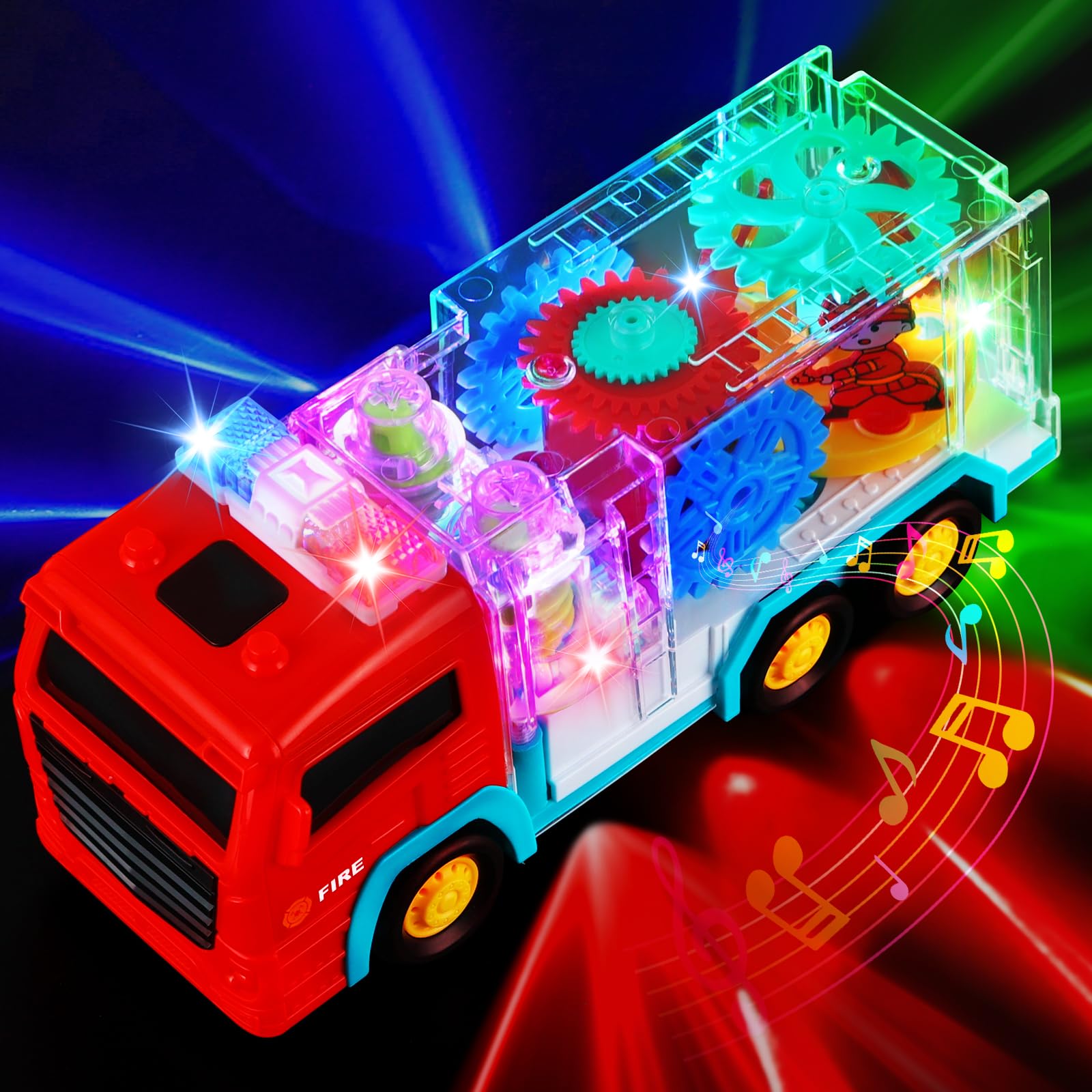 Light-Up Fire Truck Toy for ToddlerEducational Crawling Sensory Baby Toys with Rotating GearCool Lights and Musical.Infant Tummy Time Toys for Kids Boys Girls 6-12-18 Months Age1 2 3 4 5 (Red)