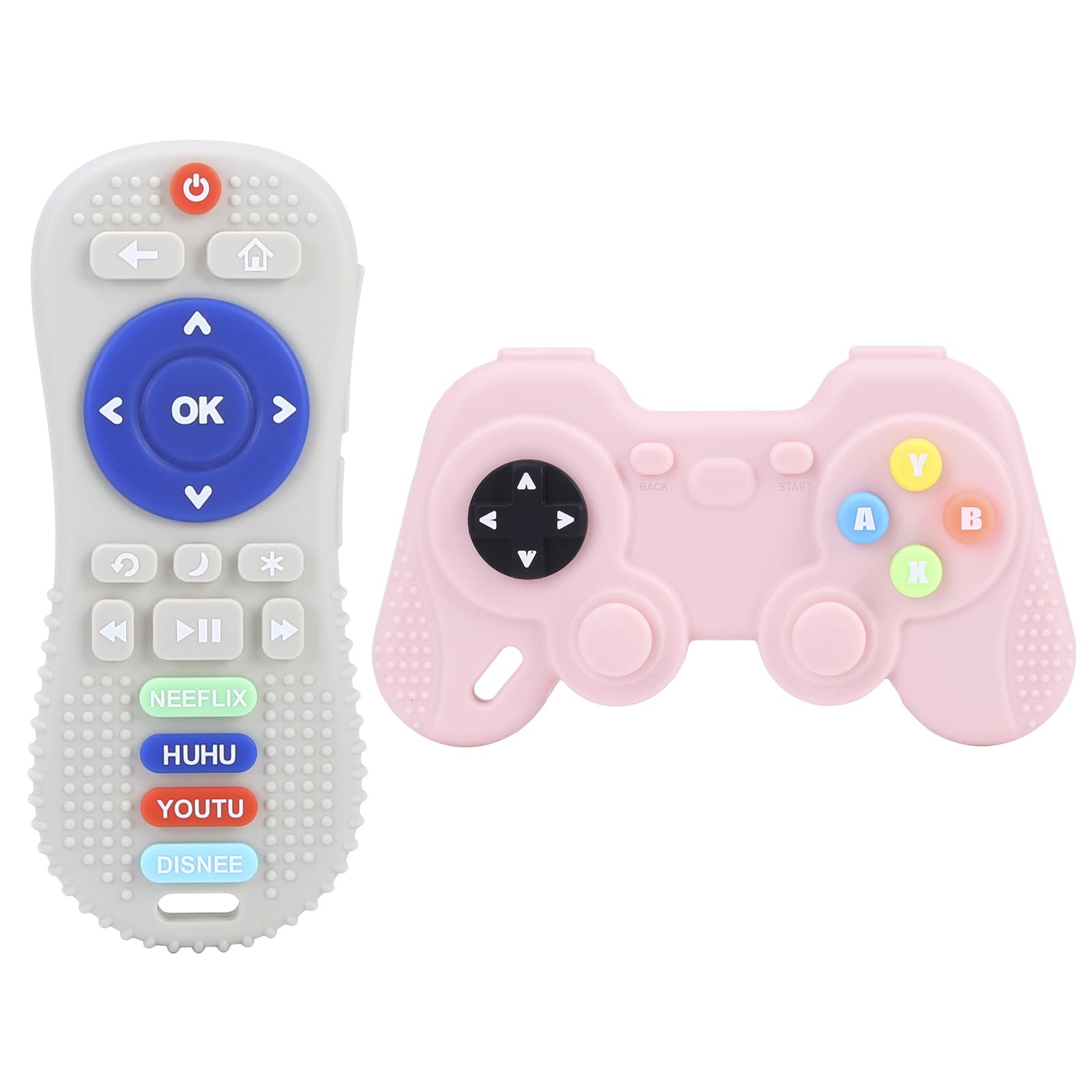 AULEGE 2 Pack Silicone Teething Toys TV Remote Control & Game Controller Shape Silicone Teether Toys Infant Sensory Toy for Boys and Girls 3-6-12 Months BPA Free