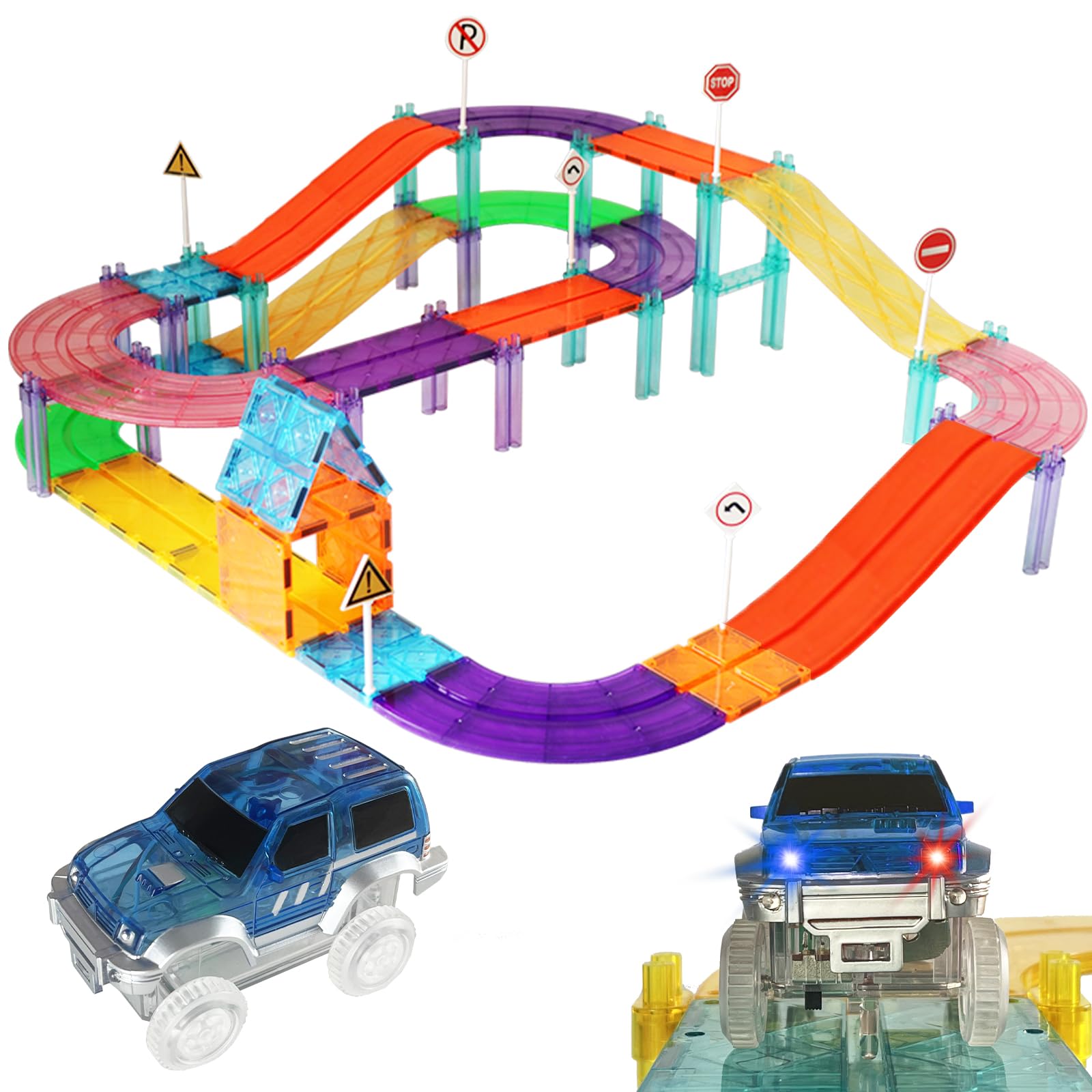 Magnetic Race Track with Cars 97PCS Car Building Toys for Kids Ages 3 4 5 6 7 8 Magnetic Tiles LED Cars Roads Signs Magnet Tiles STEM Educational Learning Sensory Montessori Toy for Boys Girls