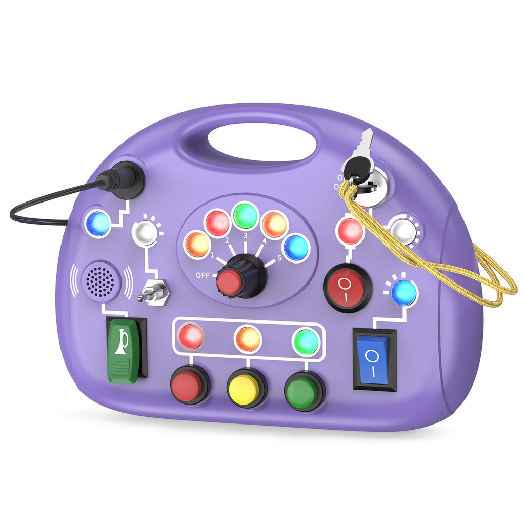 JIWORT Toddler Baby Busy Board with LED Light Montessori Busy Board for 1+ Year Old Baby Sensory Board Toddler Travel Toys for Preschool Learning Activities Boys & Girls Birthday (Purple)