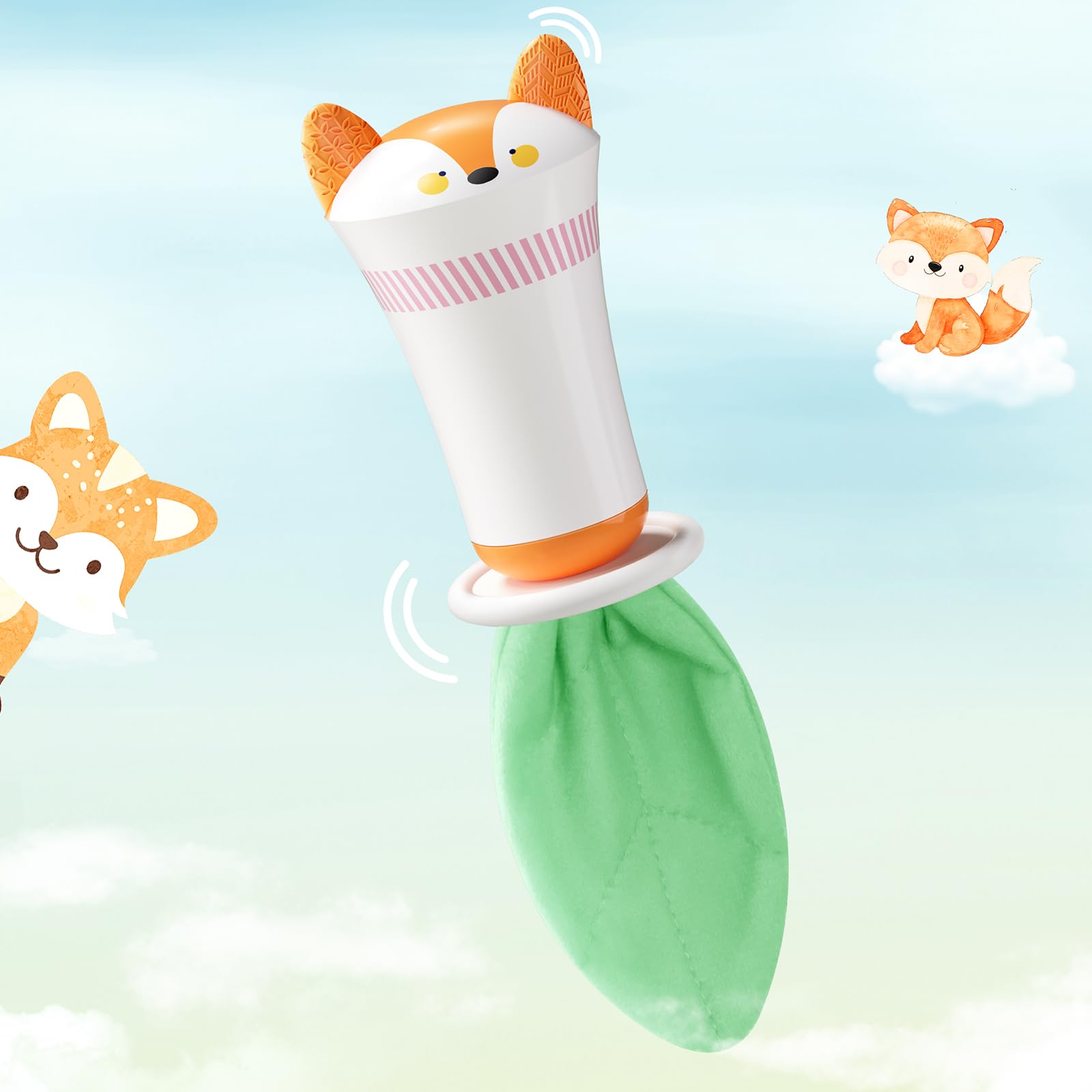 Evoceler Baby Rattles Shaker Toy - Fox with Tinkle Sounds & Green Fabric Tail Silicone Soft Infant Tummy Time Toys with Textured Surfaces Soothe Babies Sore Gums Easy to Hold Sensory Toy for 0+M