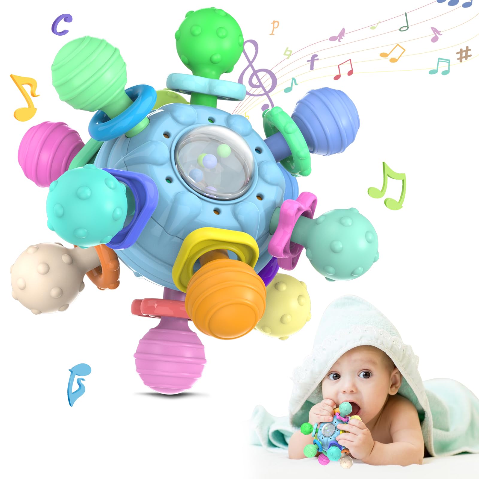 Bunobry Teething Toys for Baby 0-6 Months: Montessori Sensory Toys for Infant 6-12 Months - Baby Educational Learning Chew Rattle Teether Toys - Gift for Newborn Boys Girls