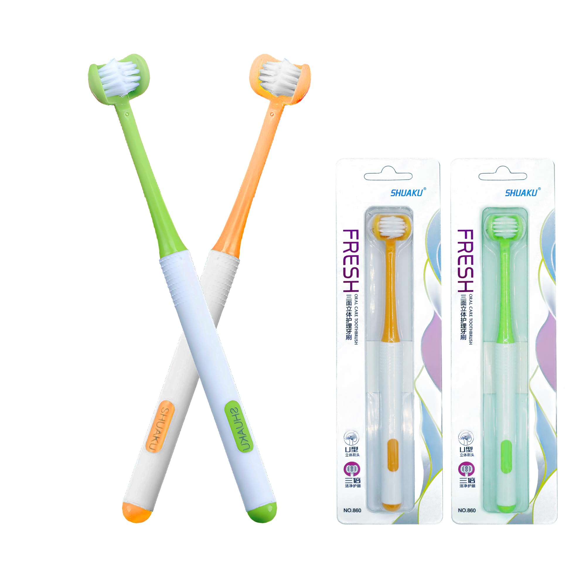 3 Sided Autism Toothbrush 360° Oral Teeth Cleaning Design U-Shaped Toothbrush 2 PCS Adult Soft Bristles Soft and Gentle for Complete Tooth and Gum Care (Green+Orange)