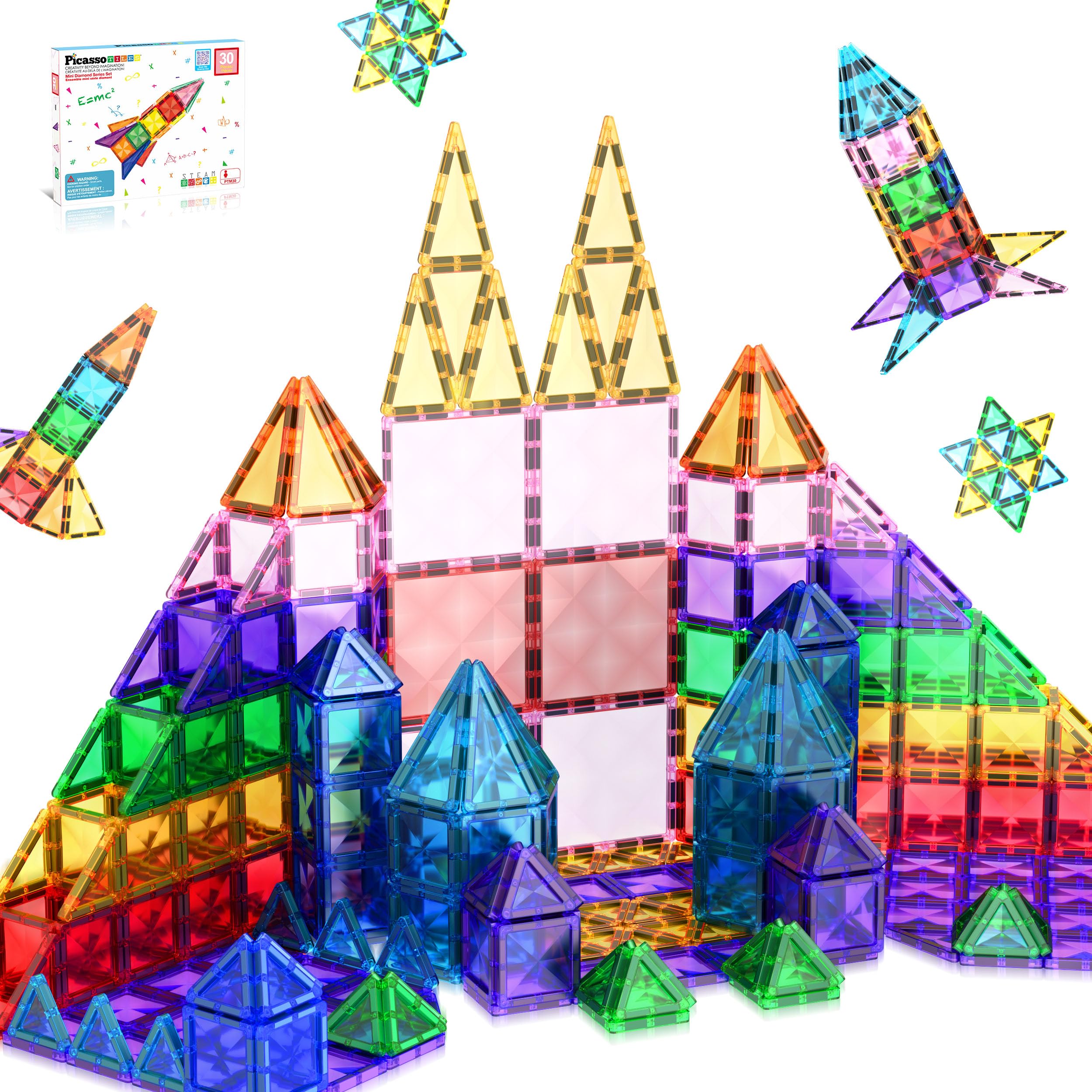 PicassoTiles Mini Size Magnetic Tiles Sensory Magnet Toys Diamond Series Construction Building Blocks Set STEM Learning Travel Size Educational Toy for Kids Boys Girls Toddlers Age 3+ PTM30