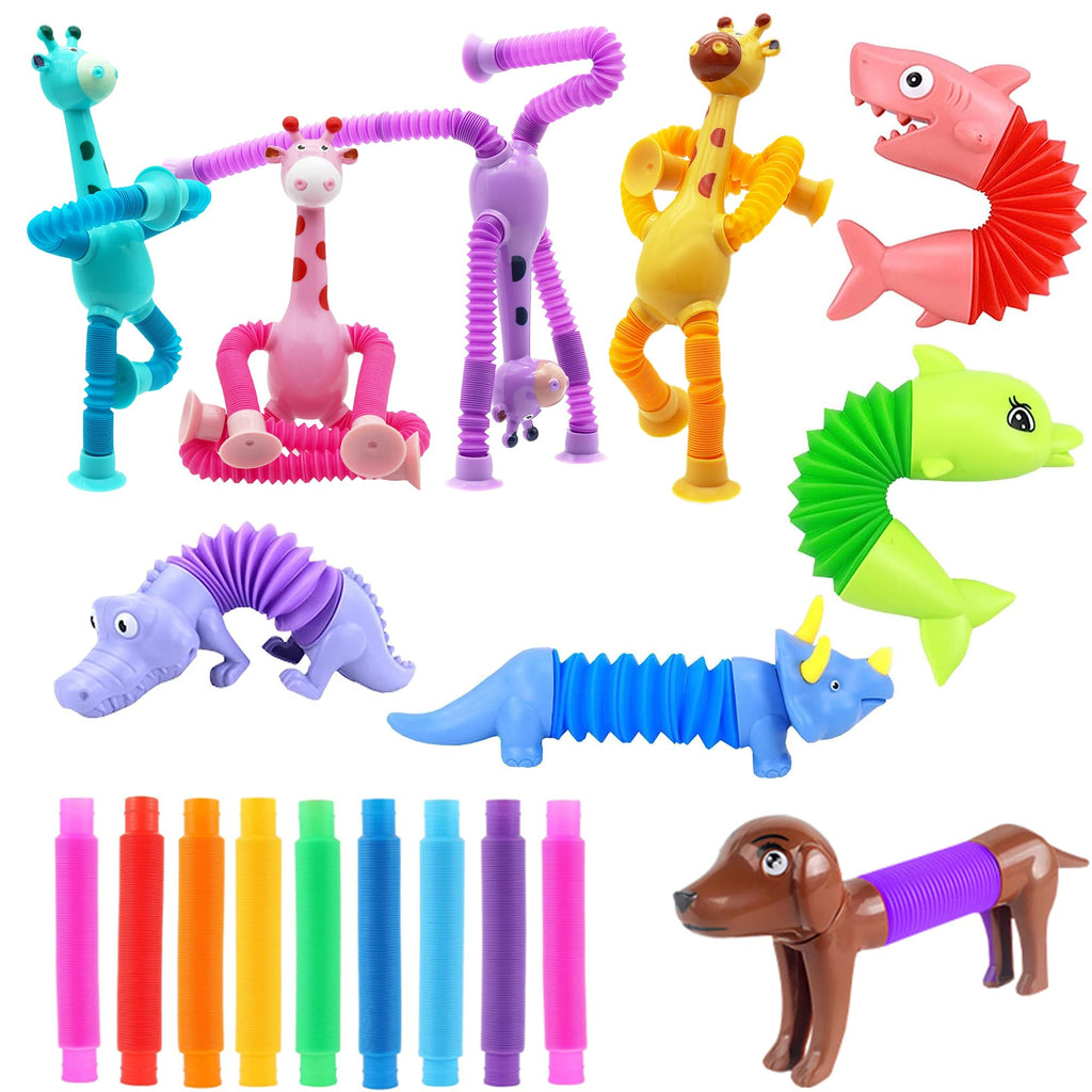 Kryfa Telescopic Suction Cup Giraffe Toy Sucker Pop Tube Giraffe Stretchy Giraffe Suction Toy Animals Pop Tube Sensory Toy for Kids 4-8 8-12 (18 PCS)
